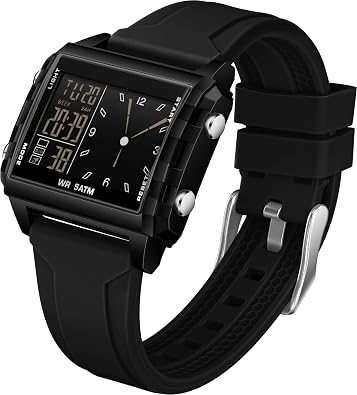 findtime Mens Digital Watch Dual Time Sport Watches Waterproof Military Outdoor Unique Cool Big Face Large Rectangle Wrist Watch Alarm Stopwatch Countdown Led Luminous Relojes para Hombres