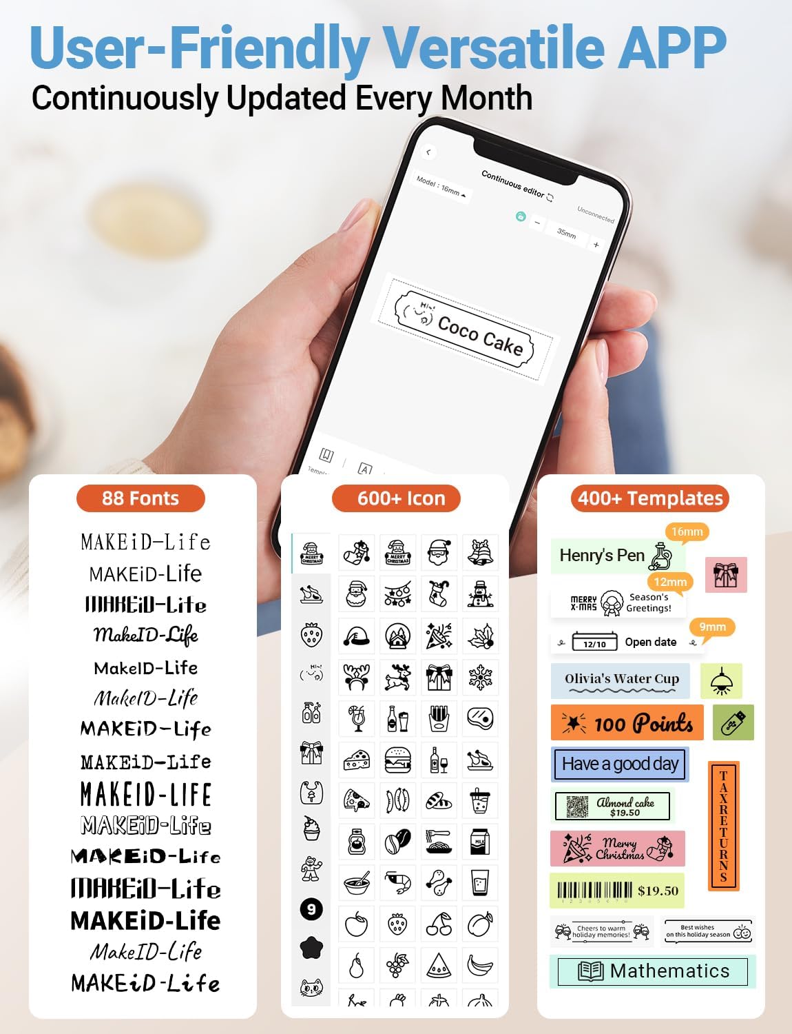 MakeID-Life app interface showing options for fonts, icons, and templates.
