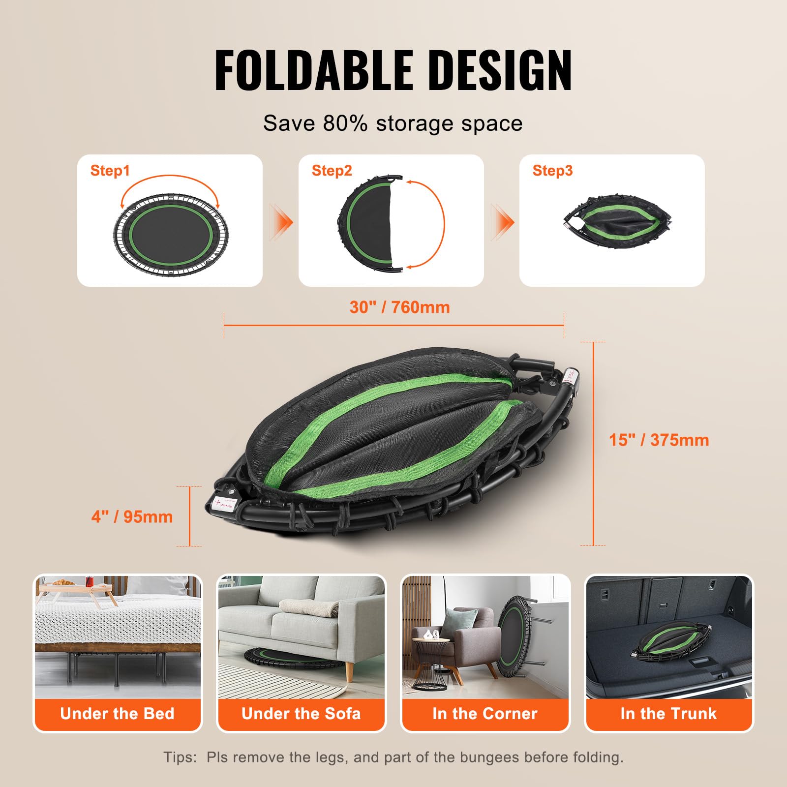 VEVOR Mini Trampolino Pieghevole Fitness 1027 mm, Capacità di Peso 150 kg, Trampolino Elastico per Adulti per Allenamento in Interni/Giardino, Nero e Verde