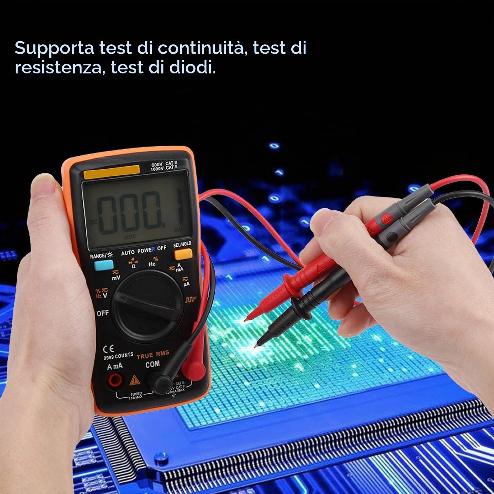 Aneng 9999 Multimetro A Gamma Automatica, Multimetro Con Display Digitale | A Vero Valore Rms 9999 Amperometro di Tensione Ac / Dc Tester Elettronico Ohm di Corrente, Con Sonde Multiuso