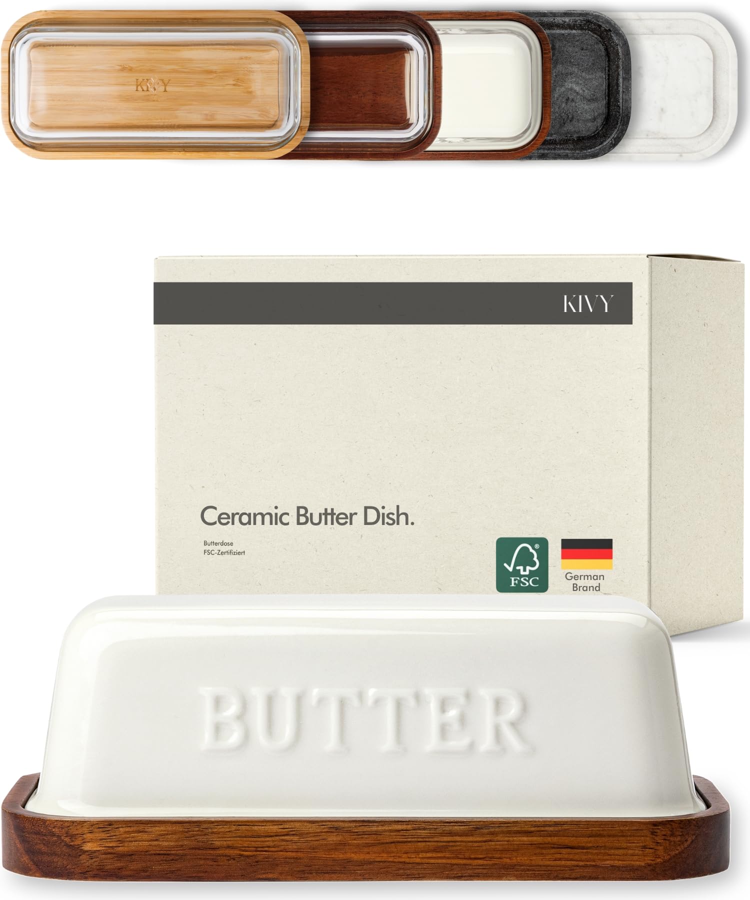 KIVY Ceramic butter dish with airtight lid that keeps butter soft - Acacia