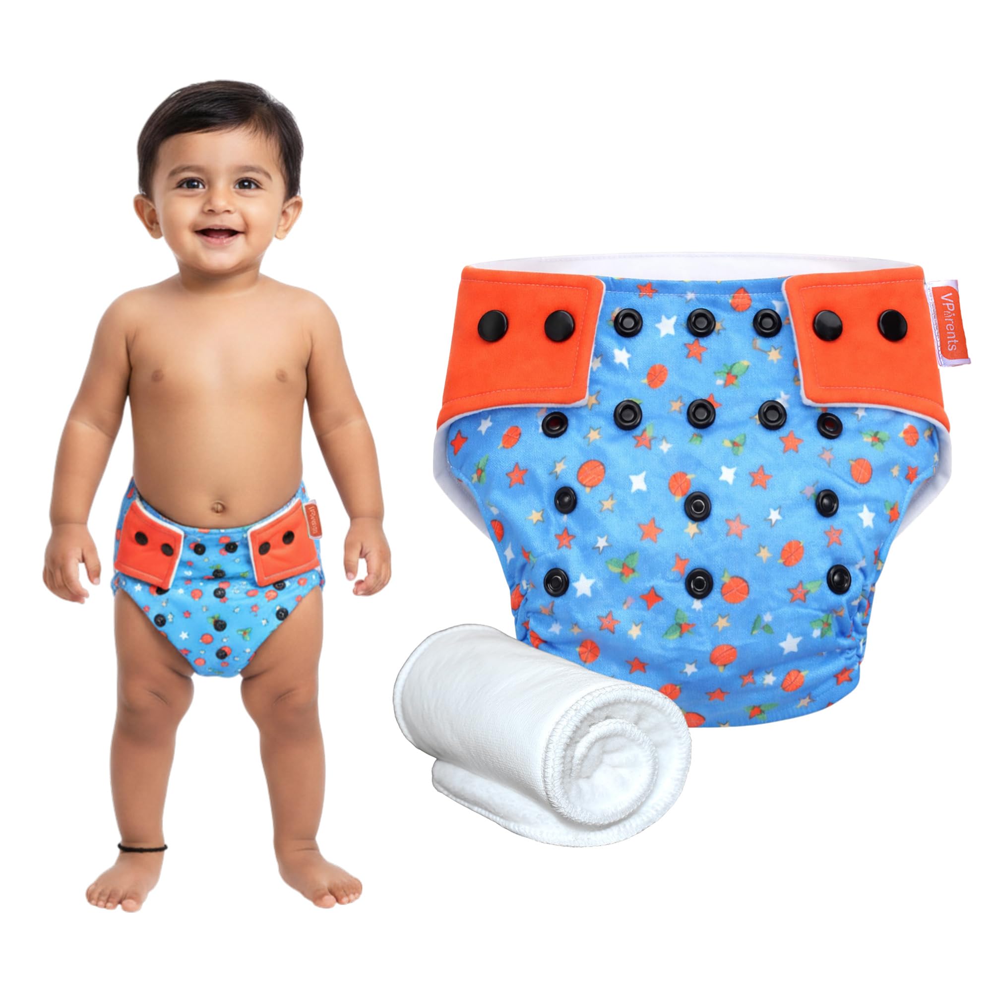 VParents Star Print Reusable and Adjustable Cloth Diapers With ulta absorbent Insert with 5 layers- washable (Light Blue)-image-27