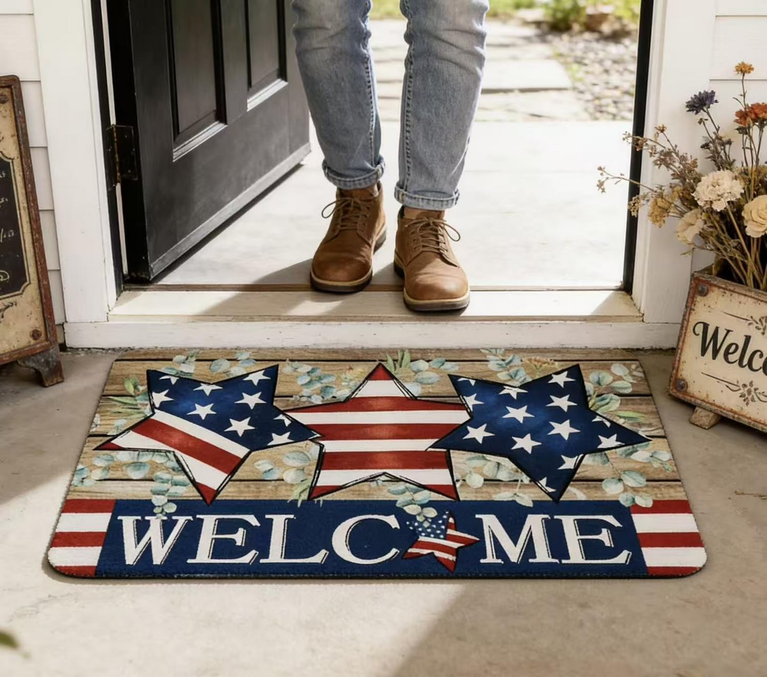 GRITOSE 19 * 31in Independence Day Family Doormats,Welcome Door Mat with America Flag Star Designs 4th of July Decor Patriotic Supplies for Front Door Porch Indoor Outdoor