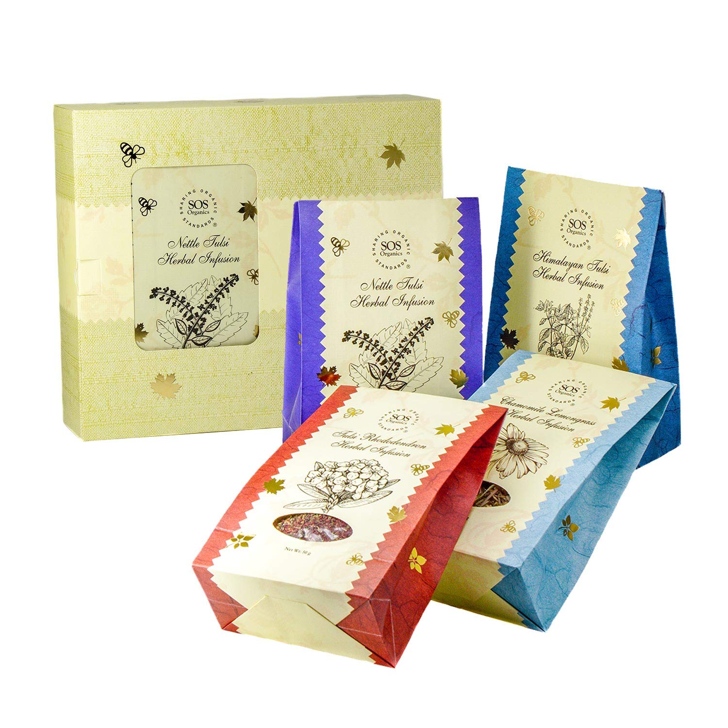 SOS Organics Herbal Tea Infusion Festival Gift Pack | Chamomile Lemongrass | Nettle Tulsi | Himalayan Tulsi | Tulsi Rhododendron | Pack of 4 | 200 Gram