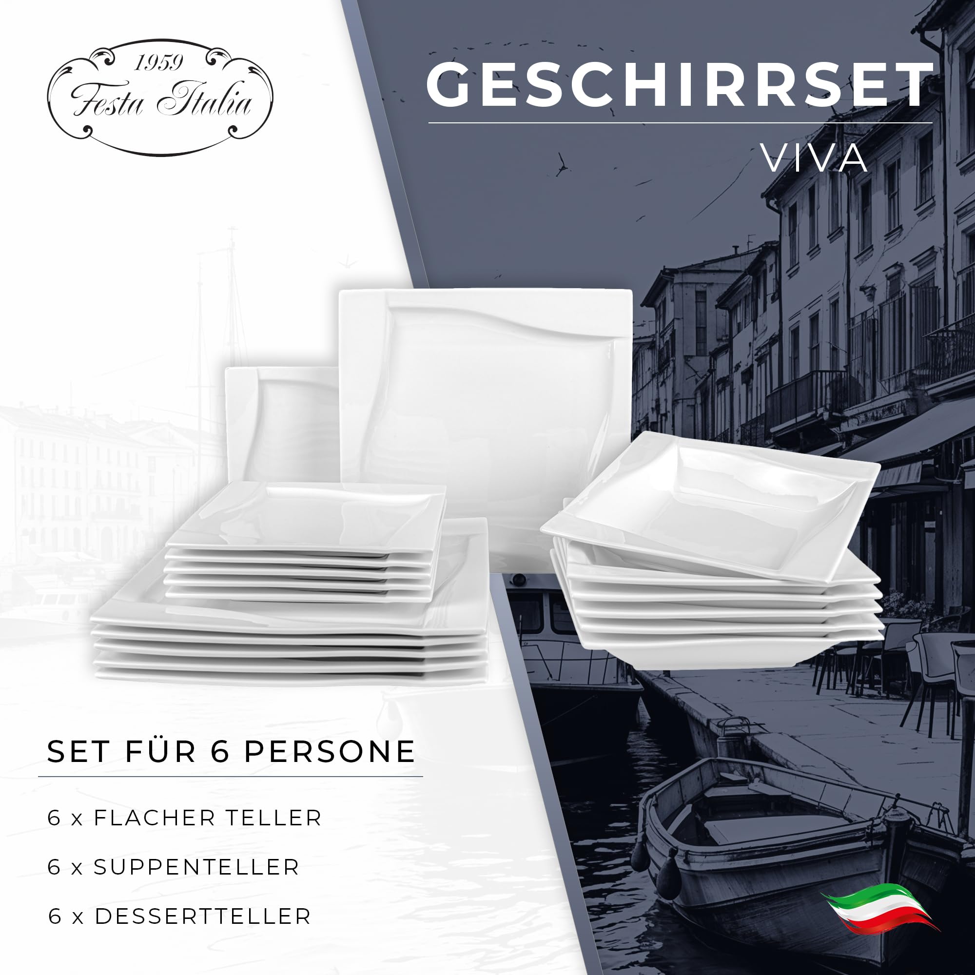 Geschirrset 6 Personen - 18 Teilig - Tellerset aus Porzellan - Weiß Essgeschirr Set - Schüssel- und Tellerset - Modern Tafelservice - Teller - Essservice - Geschirr Set 6 Person