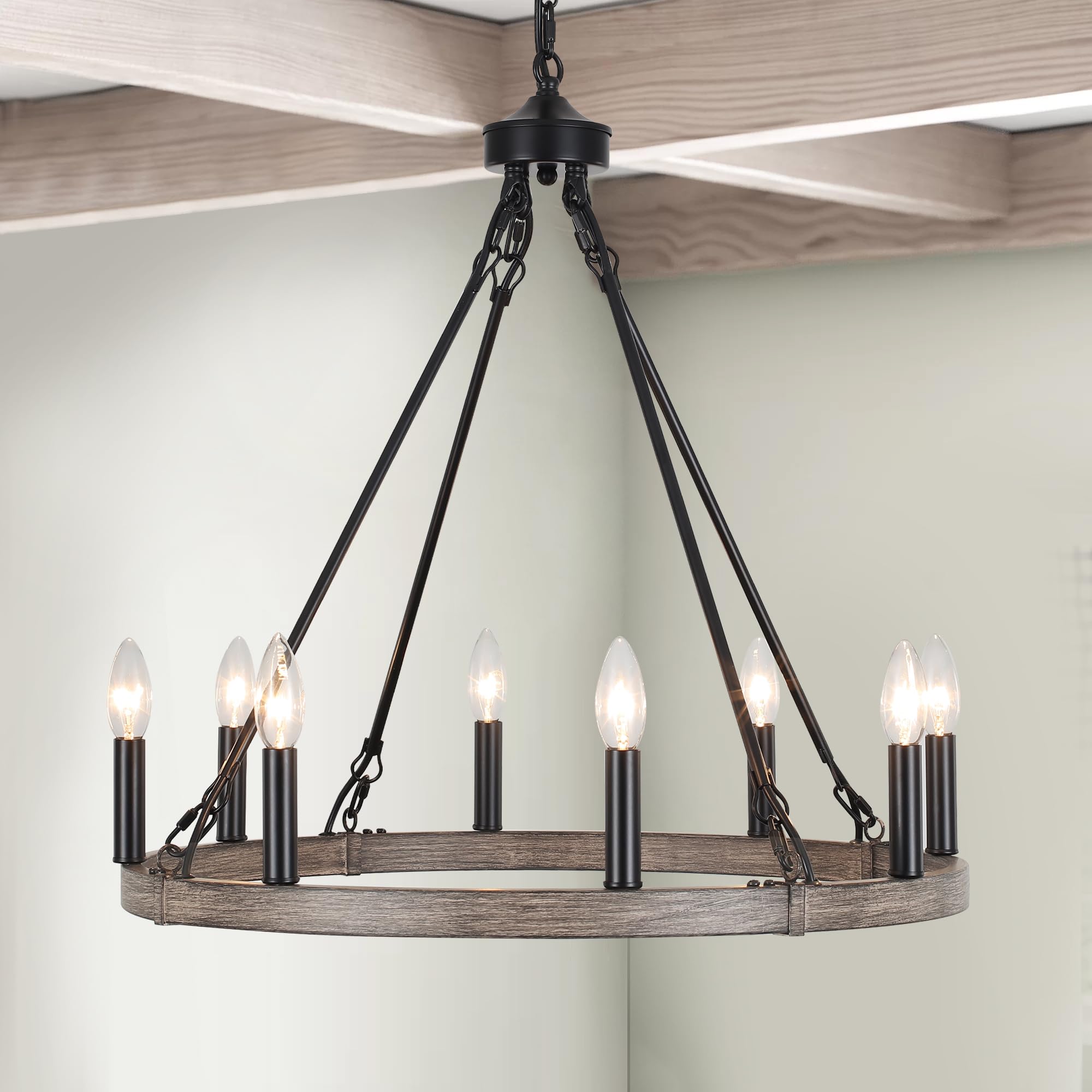 ASHUAQI Wagon Wheel Chandelier 8 Light Rustic Farmhouse Chandelier Modern Industrial Round Pendant Light Fixtures for Dining Room Living Room Bedroom Kitchen Foyer Entryway