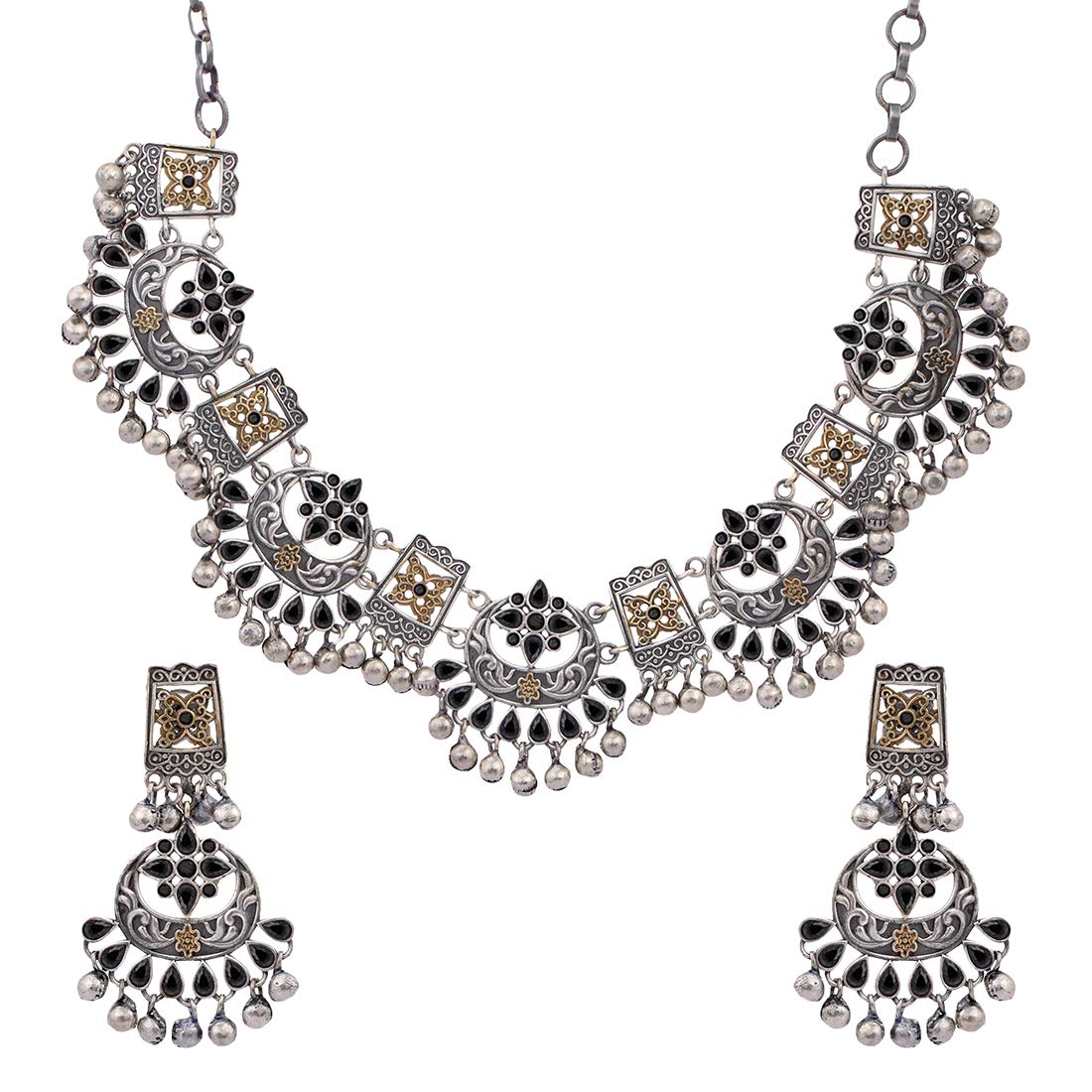 Aheli Ethnic Fashion Designer Dual Tone Silver Plated Red Stone Choker Style Necklace Earring Set for Women Girls