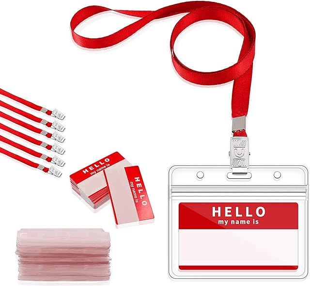 Gimars 50 pcs Red Badge Holder, Waterproof Name Badge Holders with Lanyards and Nameplates/Conference Work Pass ID Card Holders for Business, Office and School