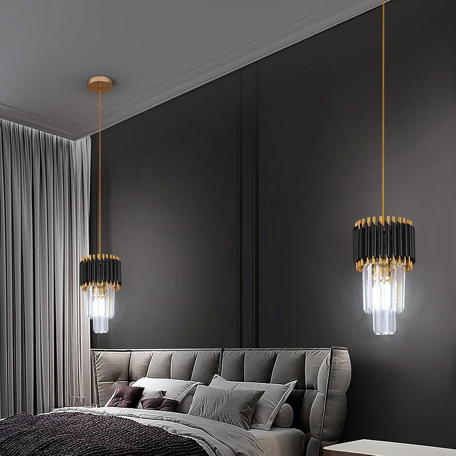 2 Pack Crystal Pendant Lights, Modern Black and Gold Chandelier Hanging Light Fixtures for Kitchen Island, Dining Room, and Bedroom, Adjustable Pendant Lighting D7.9 x H12.6 with Bulb