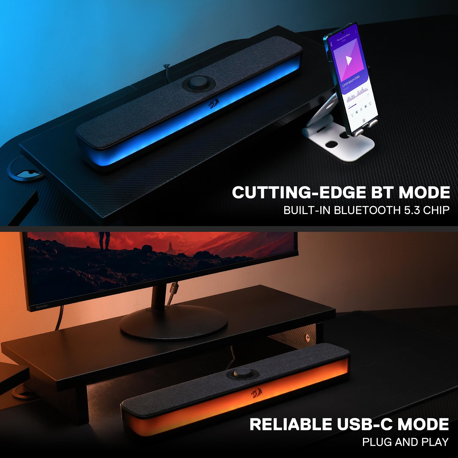 Redragon GS515 RGB Desktop-Soundbar, 2.0-Kanal Stereo-Computerlautsprecher für den Desktop mit BT 5.3, USB-C/USB-betrieben, Schwarz
