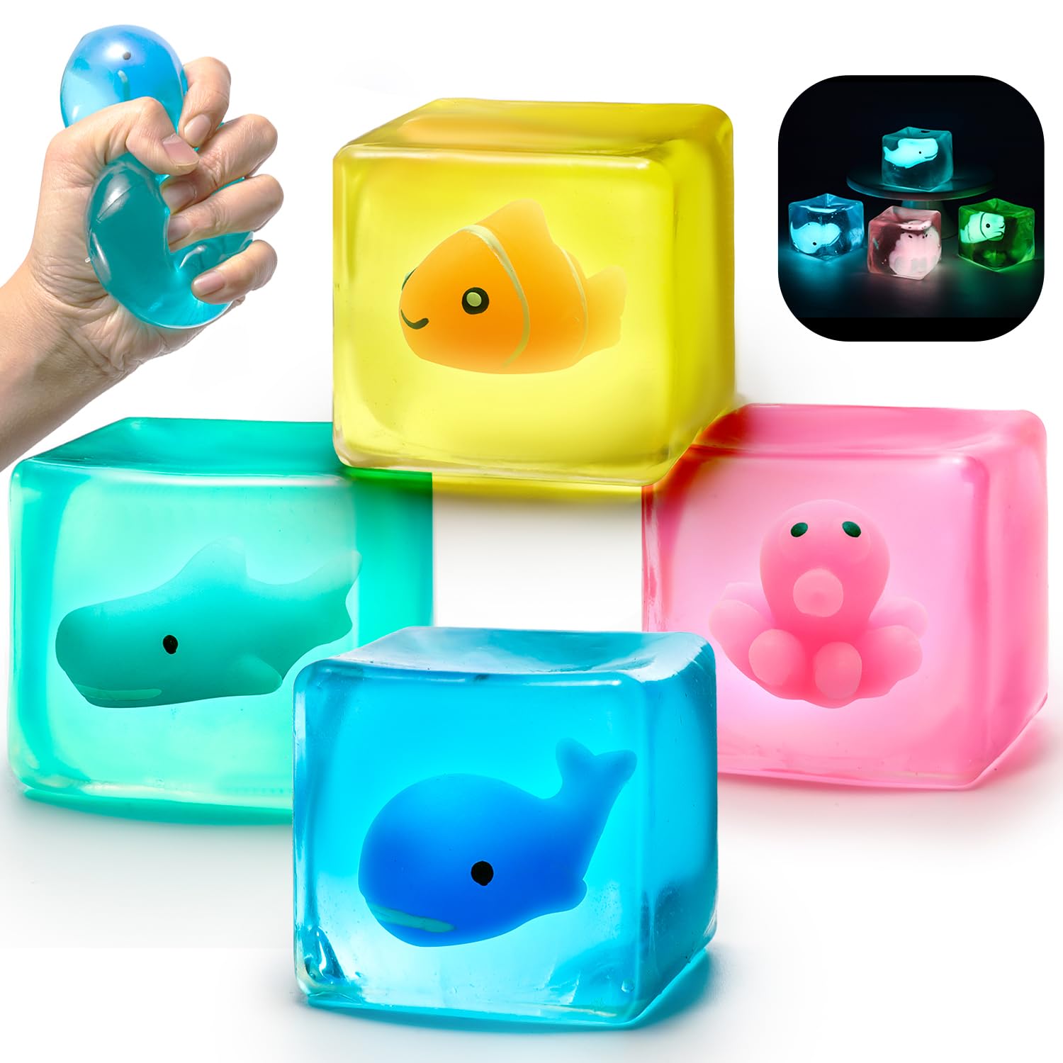 Fidget Toys, 4PCS Squishy Stress Cubes for Kids Adults, Whales, Sharks, Clownfish, Octopus Glow in The Dark Sensory Cube Toys for ADHD Anxiety Stress