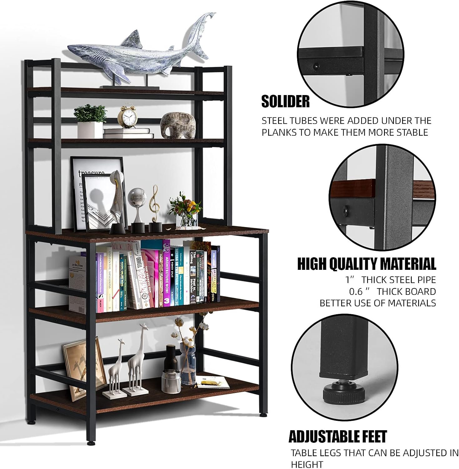 5-Tier Standing Bakers Rack, Kitchen Stand with Shelves, Microwave Oven Stand with Hutch, Industrial Kitchen Cart Utility Storage Shelf Organizer (Rustic Brown), 31.5 x 15.75 x 61.55, ZWJ001