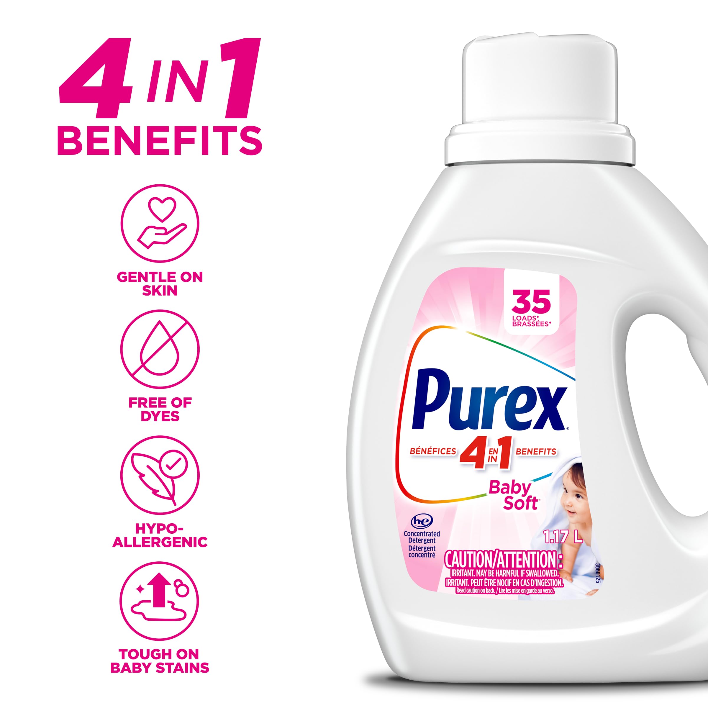 Purex Baby Soft, Concentrated Hypoallergenic Liquid Laundry Detergent for Babies, Free of Dyes, Pediatric Dermatologist Tested, Gentle on Skin, 1.17L, 35 Wash Loads, HE Compatible - 5