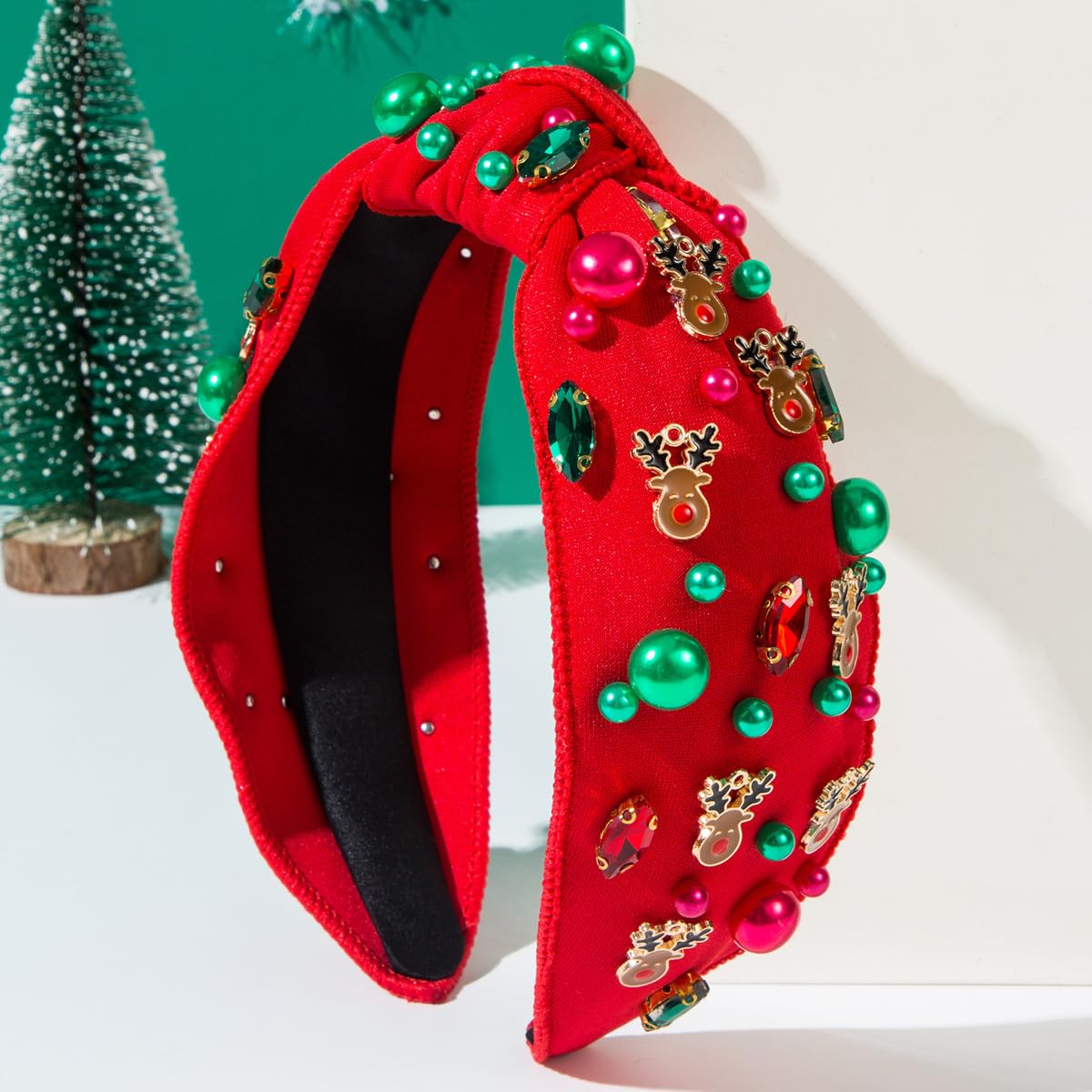 Christmas Headband for Women Pearl Knotted Headband Xmas Red Green Pearl Bow Reindeer Snowflake Rhinestone Crystal Jeweled Hairband Wide Top Knot Hair Bands (05.elk red, 1 Count (Pack of 1)) - Image 3