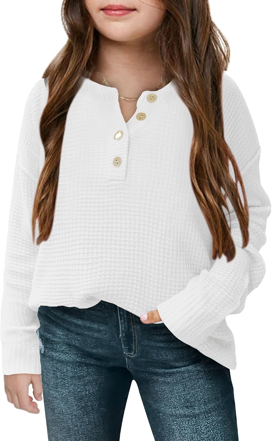 rrhss Girls Waffle Knit Sweaters Trendy Henley Button V Neck Long Sleeve Pullover Jumper Tops