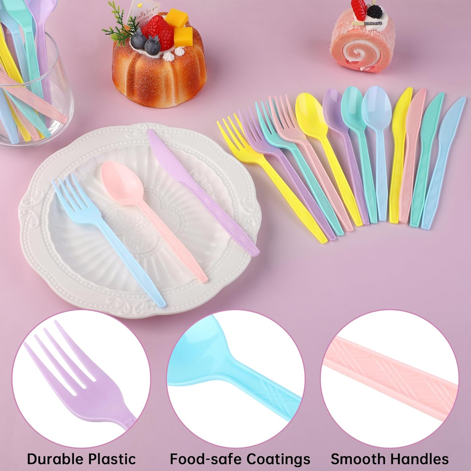 Kochorie 360 Pieces Pastel Plastic Cutlery Set Macaron Colors Disposable Plastic Utensils Colorful Heavy Duty Flatware Set Include 120 Knives 120 Forks 120 Spoons for Easter Birthday Tea Party Wedding
