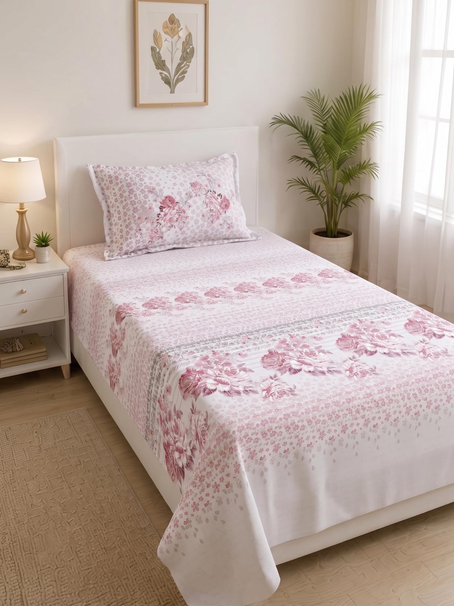 Mafatlal King Size Bedsheet - Beige Blue Leaf Print -14