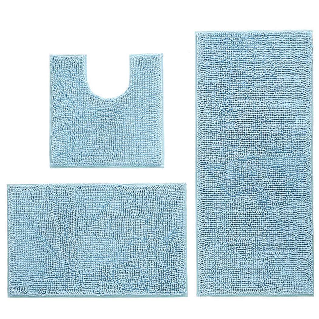 3 Pcs Non Slip Chenille Bath Mat Set,High Water Absorbent Density Soft Microfiber Toilet Mat Toilet Pedestal Machine Washable Bathroom Mats Carpet (Light-Blue)