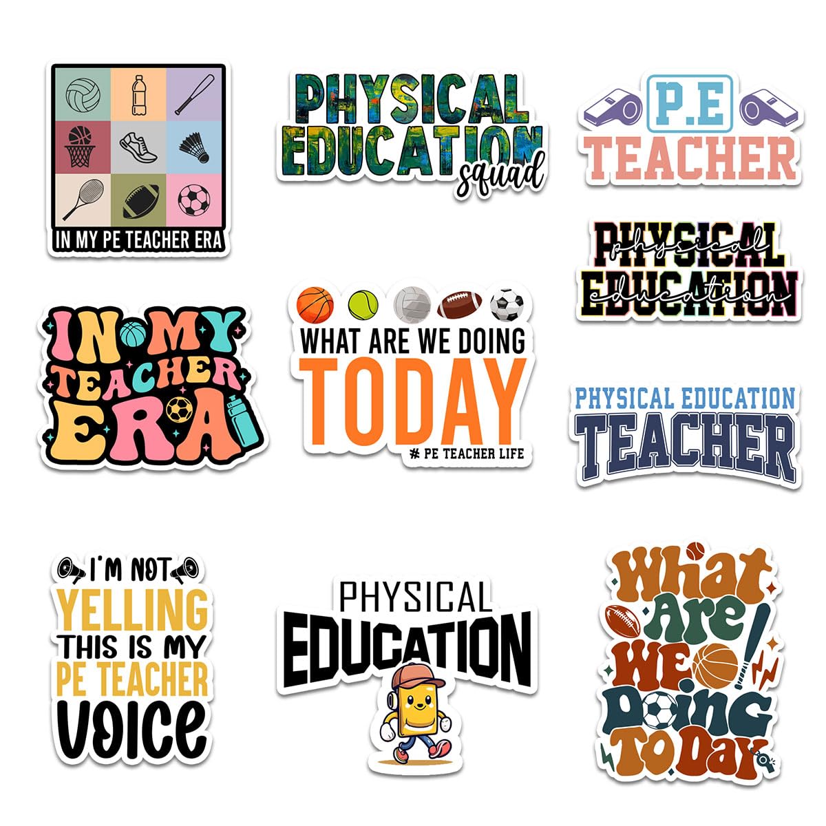10 Pcs Physical Education Teacher Stickers – Gift for Gym Teachers, Coaches, Parents, Friends, Teammates – Ideal for Laptops, Water Bottles, Tumblers, Notebooks, Scrapbooking 3