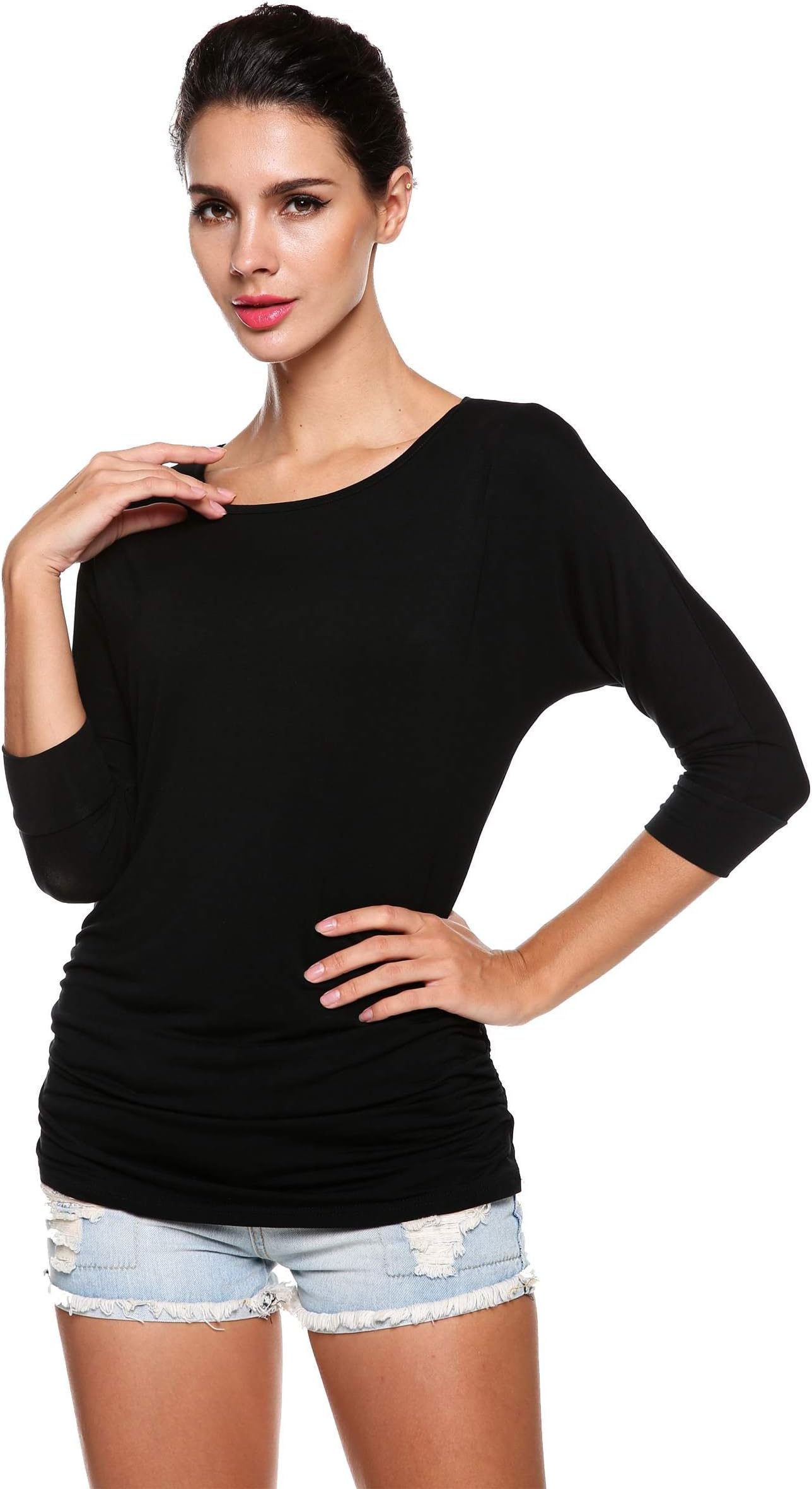 Meaneor Women's Casual O-Neck Drape Tops Black