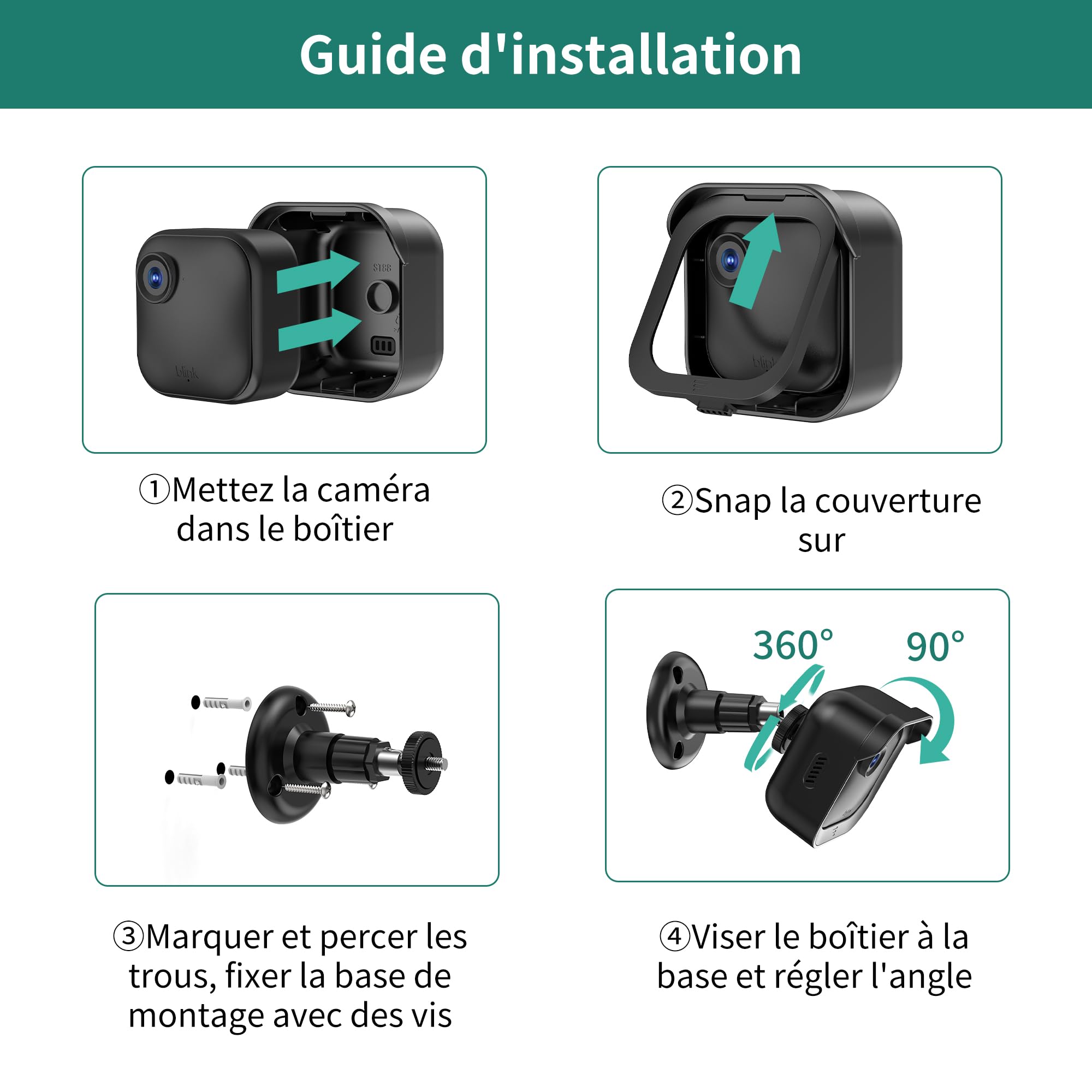 HomeMount Support Mural pour caméra Blink Outdoor avec Support Prise Sync Module Core, boîtier de Protection étanche et Fixation réglable à 360° pour Blink Outdoor 4/3 / 2K+ (3 pièces)