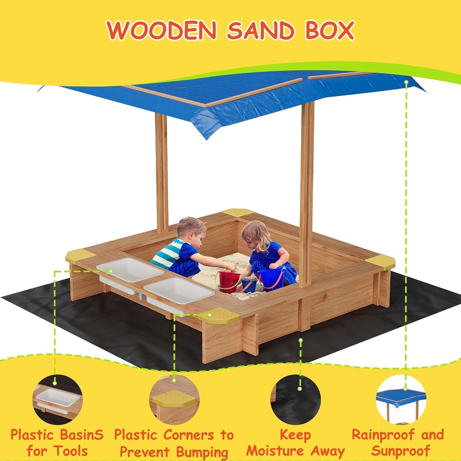 Sandbox with Lid, Kids Sandbox with 2 Plastic Boxes, Kids Outdoor Play Equipment, UV-Resistant & Adjustable Height Roof for Beach, Patio, Backyard