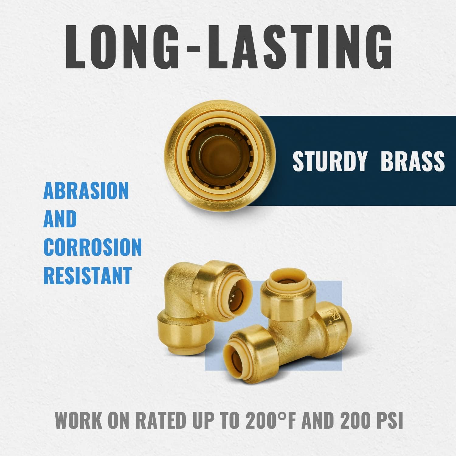 SUNGATOR Push Fittings 1/2 inch, 90 Degree Elbow (5 PCS), Tee (3 PCS), No Lead Brass Push-to-Connect Plumbing Fittings for Pex Pipe, Copper, CPVC, with 1 Disconnect Clip, Pack of 8