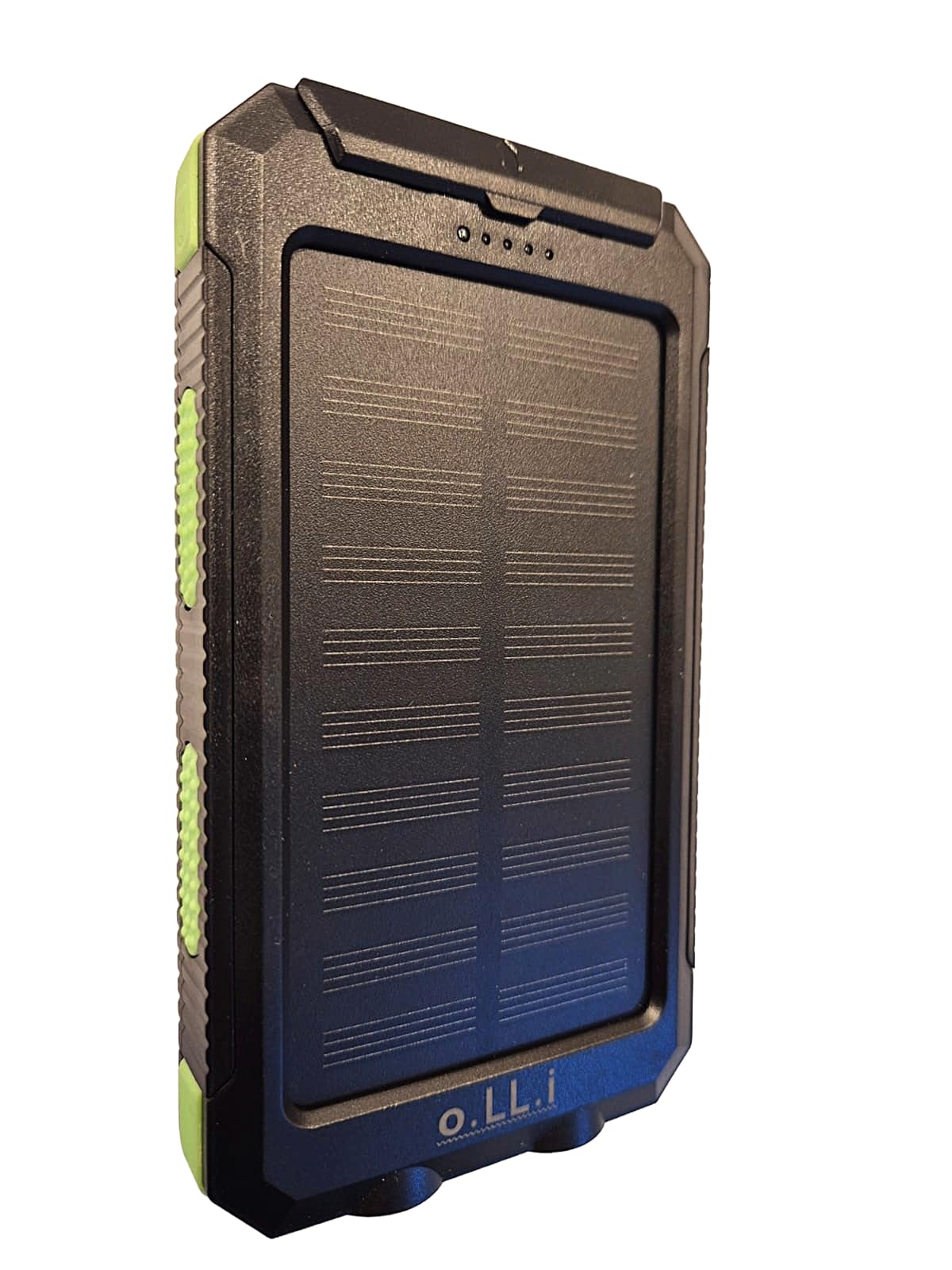 o.LL.i. Power Bank. Banca di energia solare portatile da 20.000 mAh, resistente all'acqua e agli urti, caricabatterie per dispositivi mobili. Torcia e stregola. Nero e verde