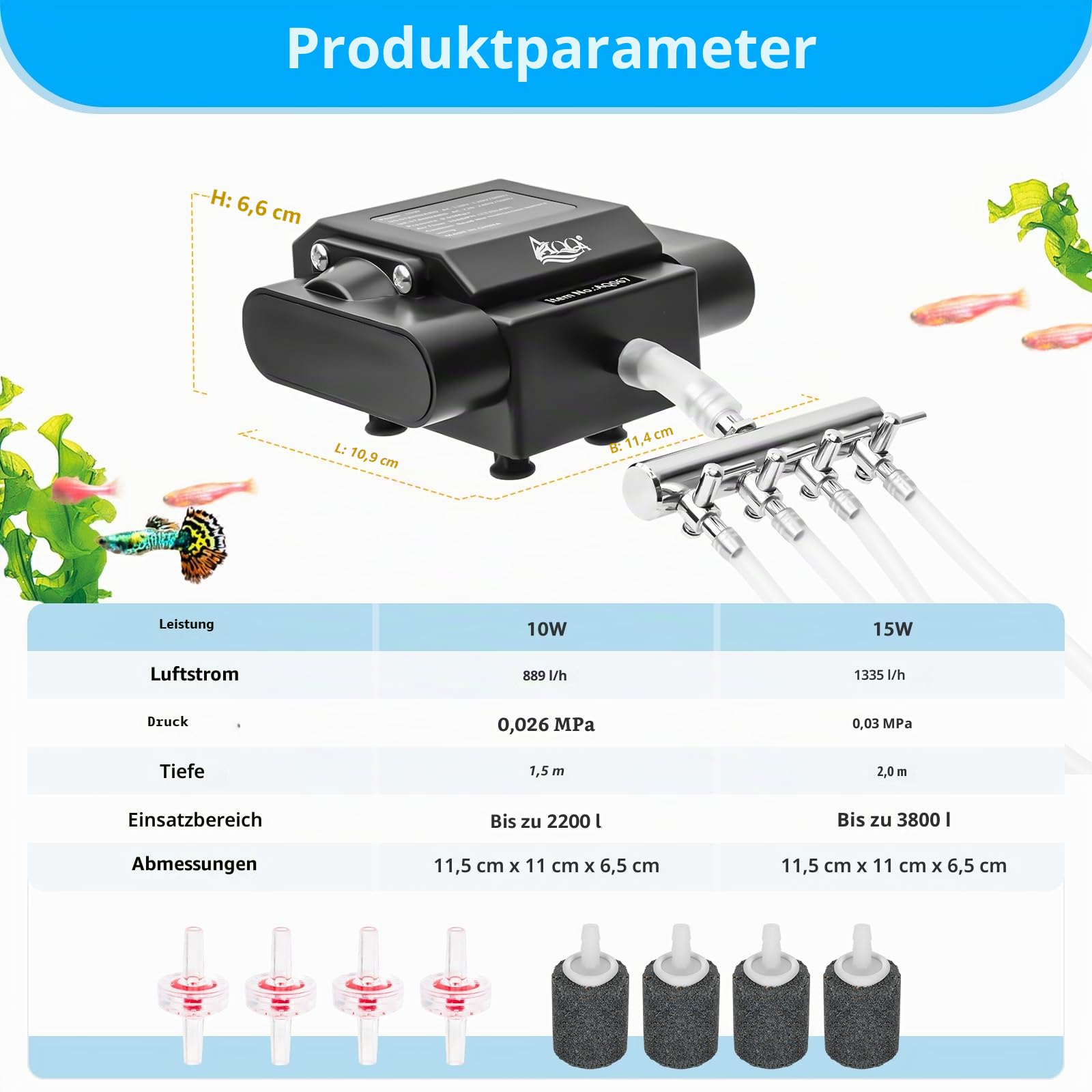 AQQA Aquarium Luftpumpe,Leistungsstarker 4 Ausgänge Aquarium Sauerstoffpumpe,10W Regelbare Sauerstoffpumpe für Aquariums,Leise Aquariums Belüfterpumpe mit komplett Zubehör,bis zu 2200L