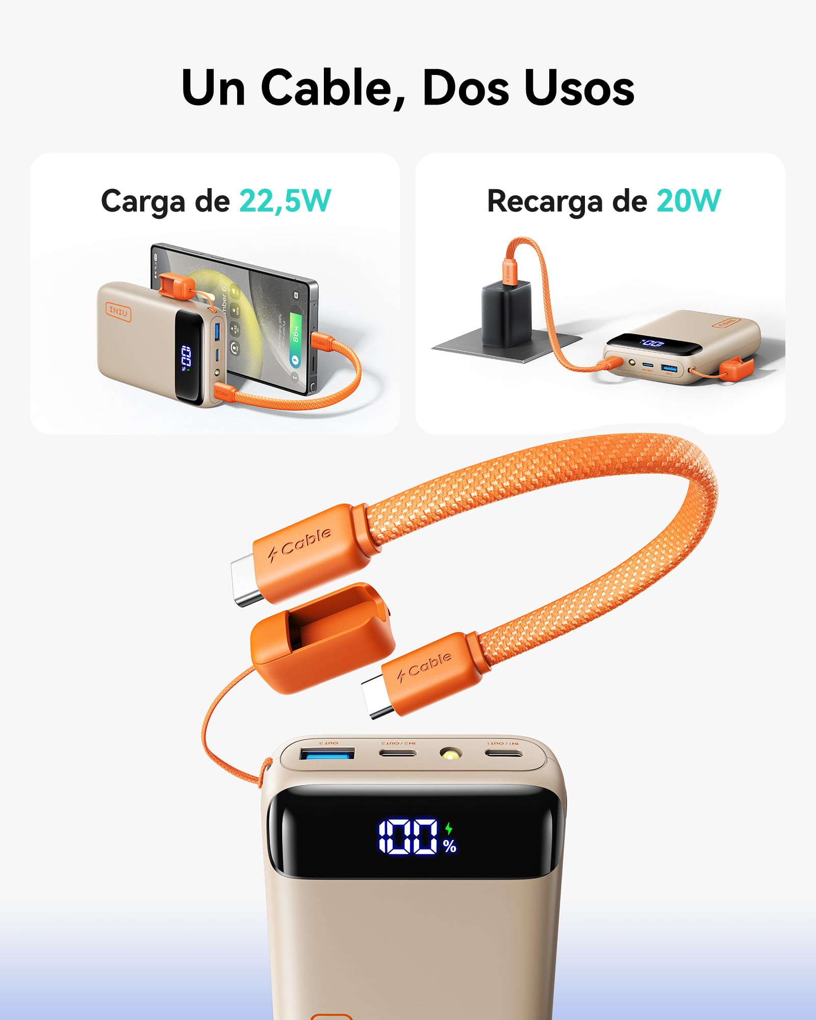 INIU Power Bank, Pequeño 20000mAh 22,5W Carga Rapida Bateria Phone Externa | Cable USB C Adjunto, Apto para Avión, Esenciales de Viaje, Bateria Portatil para iPhone 17 16, Samsung S25, iPad, Xiaomi etc