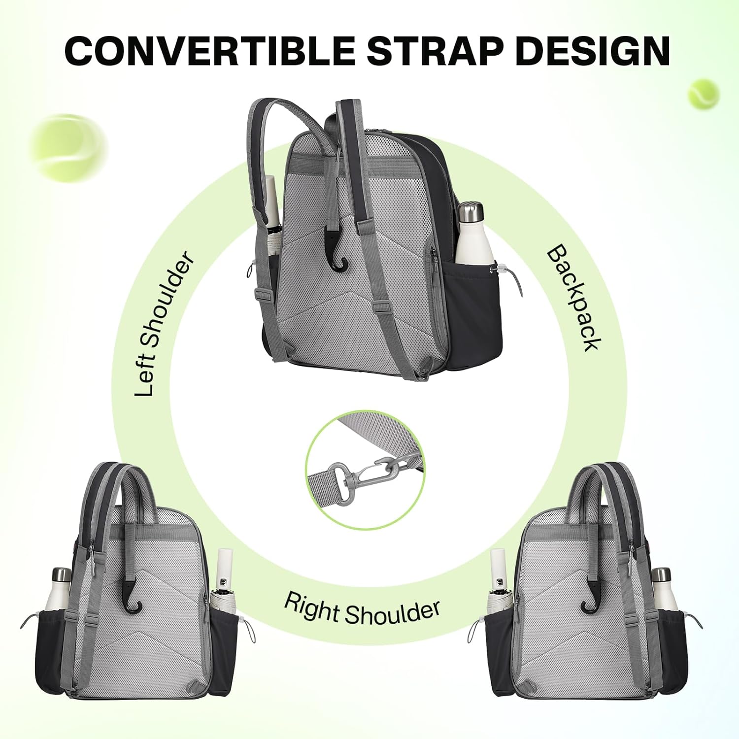 Tennis Bags for Women, Waterproof Tennis Sling Crossbody Shoulder Backpack Holds 2 Rackets, Tennis Racket Bag for Pickleball Badminton - Image 3