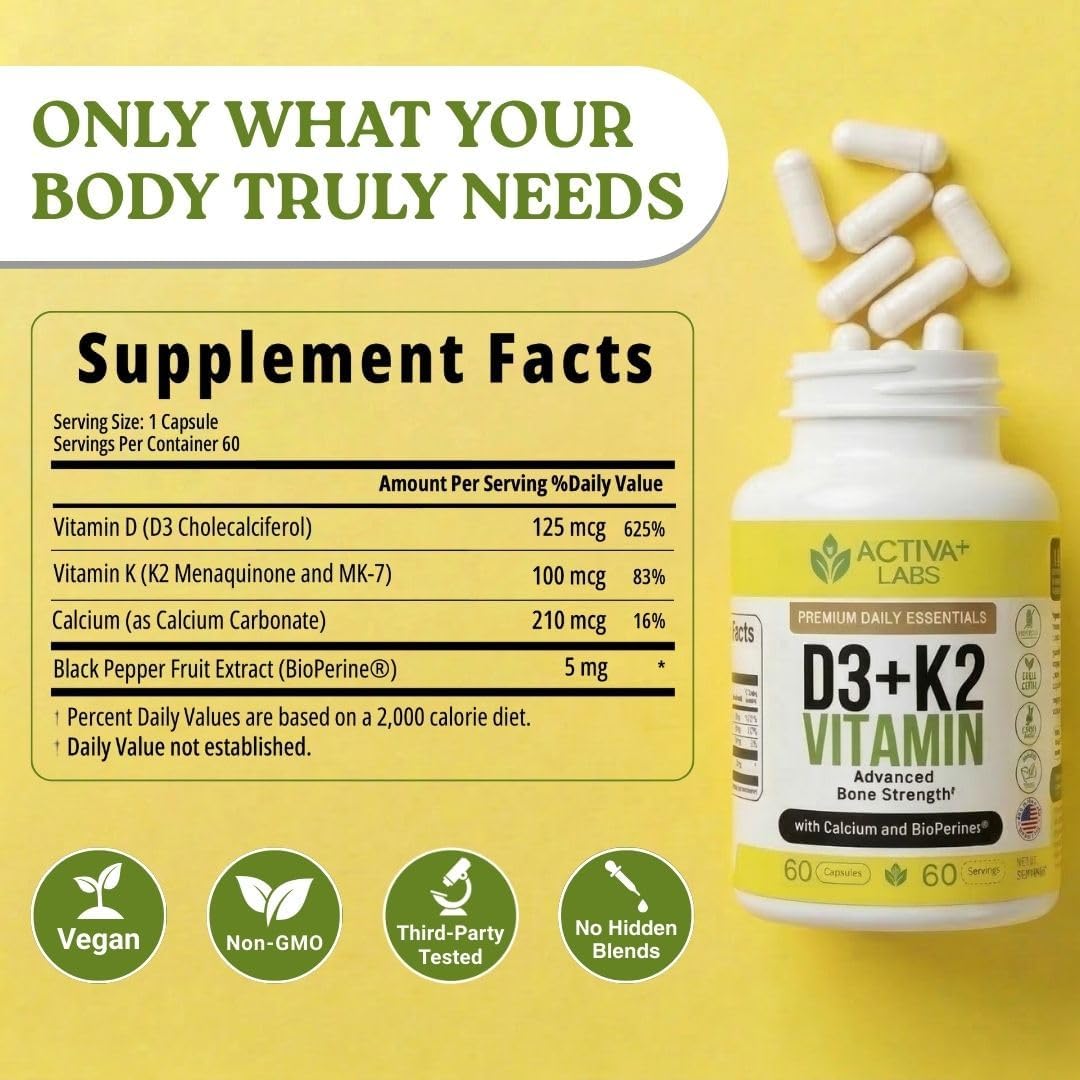 Vitamin D3 & K2 – Vegan, Non-GMO Bone & Teeth Support Supplement – Immune & Muscle Function – Heart Health D3 K2 Vitamins for Men & Women, Gluten & Sugar Free–60 Days Supply