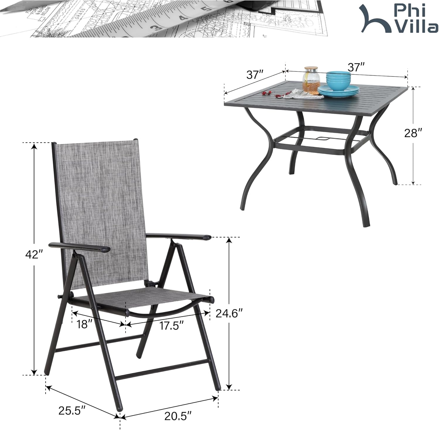 PHI VILLA 5-Piece Outdoor Dining Set for 4, All-Weather Grey Patio Furniture Set with Adjustable Folding Chairs & Square Metal Steel Table - Lightweight Portable Backyard Garden Set