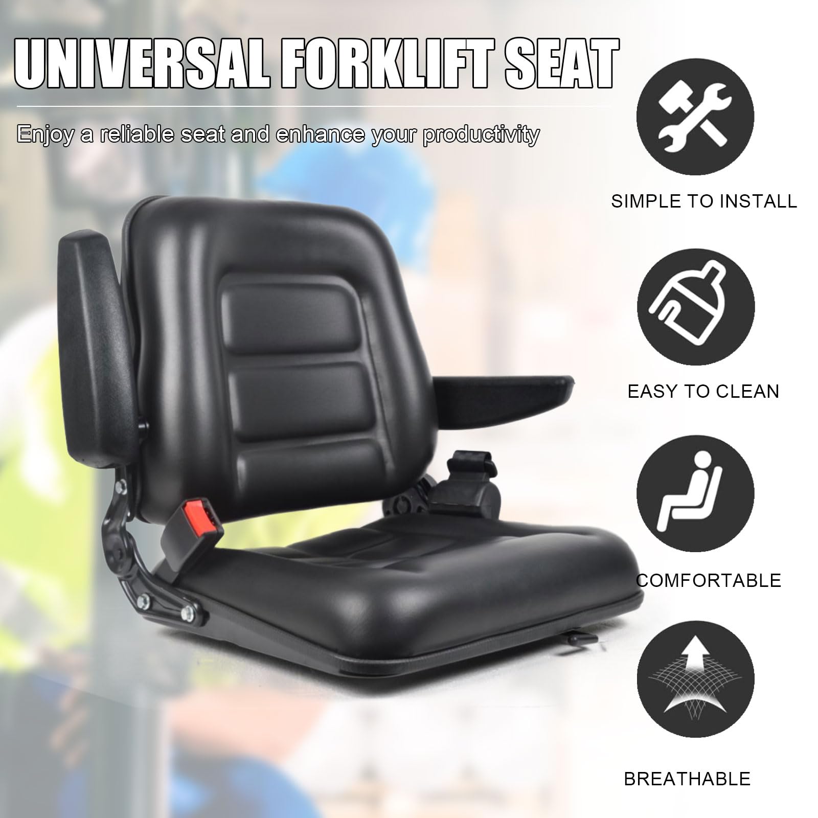 Sedile universale per carrello elevatore con schienale regolabile, bracciolo, cintura di sicurezza e binario di scorrimento, impermeabile, in PVC, per trattore, tosaerba, caricatore skid,