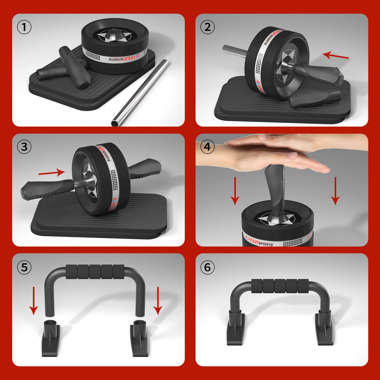 EnterSports Set per addominali, 6 in 1 con fascia per fitness, flessioni, tappetino per ginocchia, attrezzo fitness per addominali, ideale per uomini e donne per allenarsi a casa