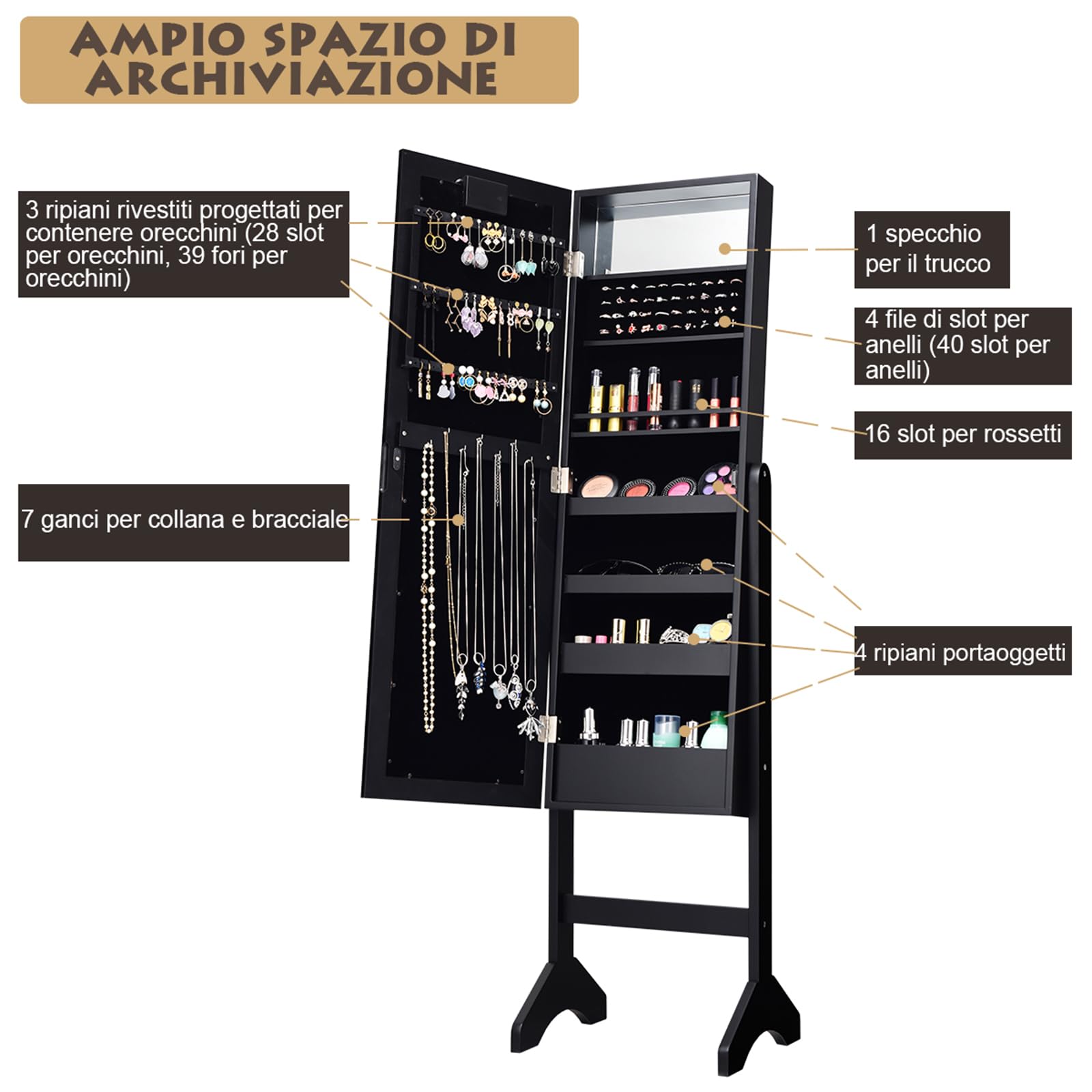 COSTWAY Portagioie Armadietto Specchiera con 18 Luci LED, Specchio a Figura Intera, Organizer per Gioielli Moderno Elegante, 145x35x31,5cm (Nero)