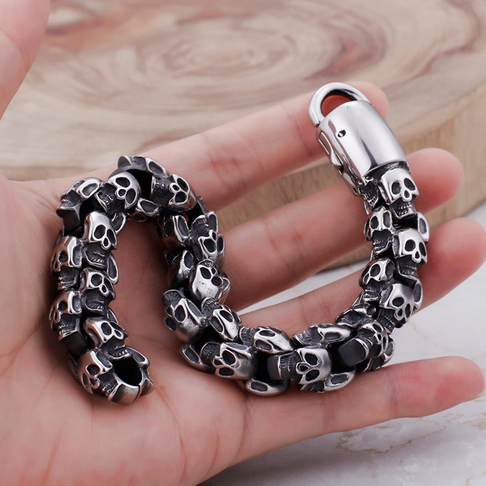 Gualiy Bracelet Homme Personnalisé en Acier Inoxydable, Bracelet à Maillons Chaîne Tête de Mort Bracelet Acier Biker 20.5-24.5 CM