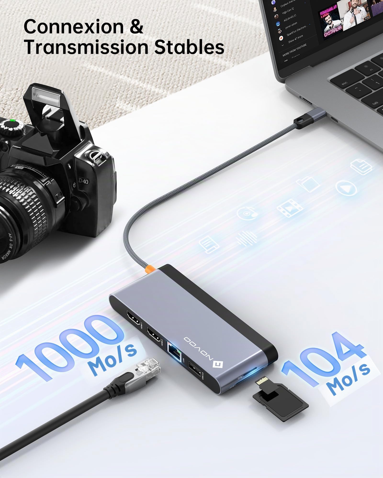 NOVOO Station d'accueil 10 en 1 Docking Station Dual HDMI,Docking Station USB C Adaptateur Multiport vers 2 HDMI 8K, Gigabit Ethernet, PD 100W, SD, TF, 3 USB Port pour Microsoft，Macbook，HP，Dell，Lenovo