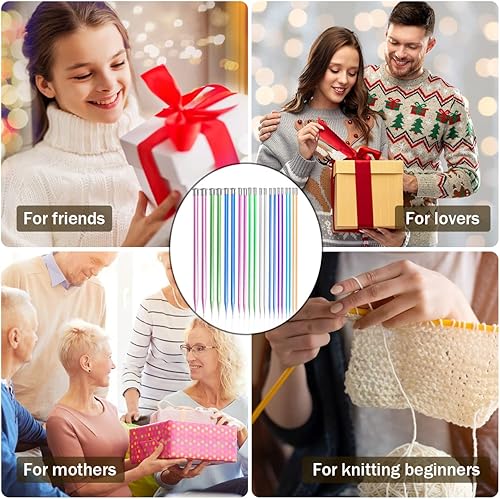 Miniatura 6 de Juego de 64 agujas de tejer, 20 agujas de tejer de aluminio, agujas de tejer rectas de colores de una sola punta, tamaño 3 a 0.394in, 13.7 pulgadas