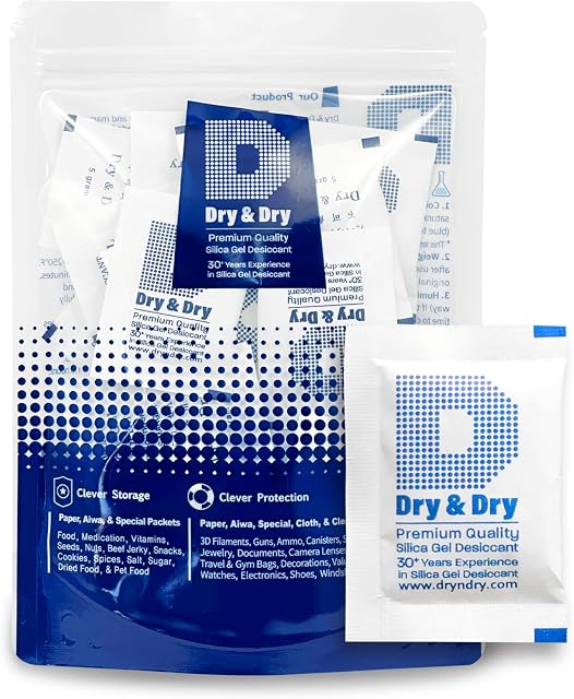 5 Gram Pack of 50 "Dry & Dry" Premium Pure & Safe Silica Gel Desiccant Packets - Rechargeable Paper(FDA Compliant)