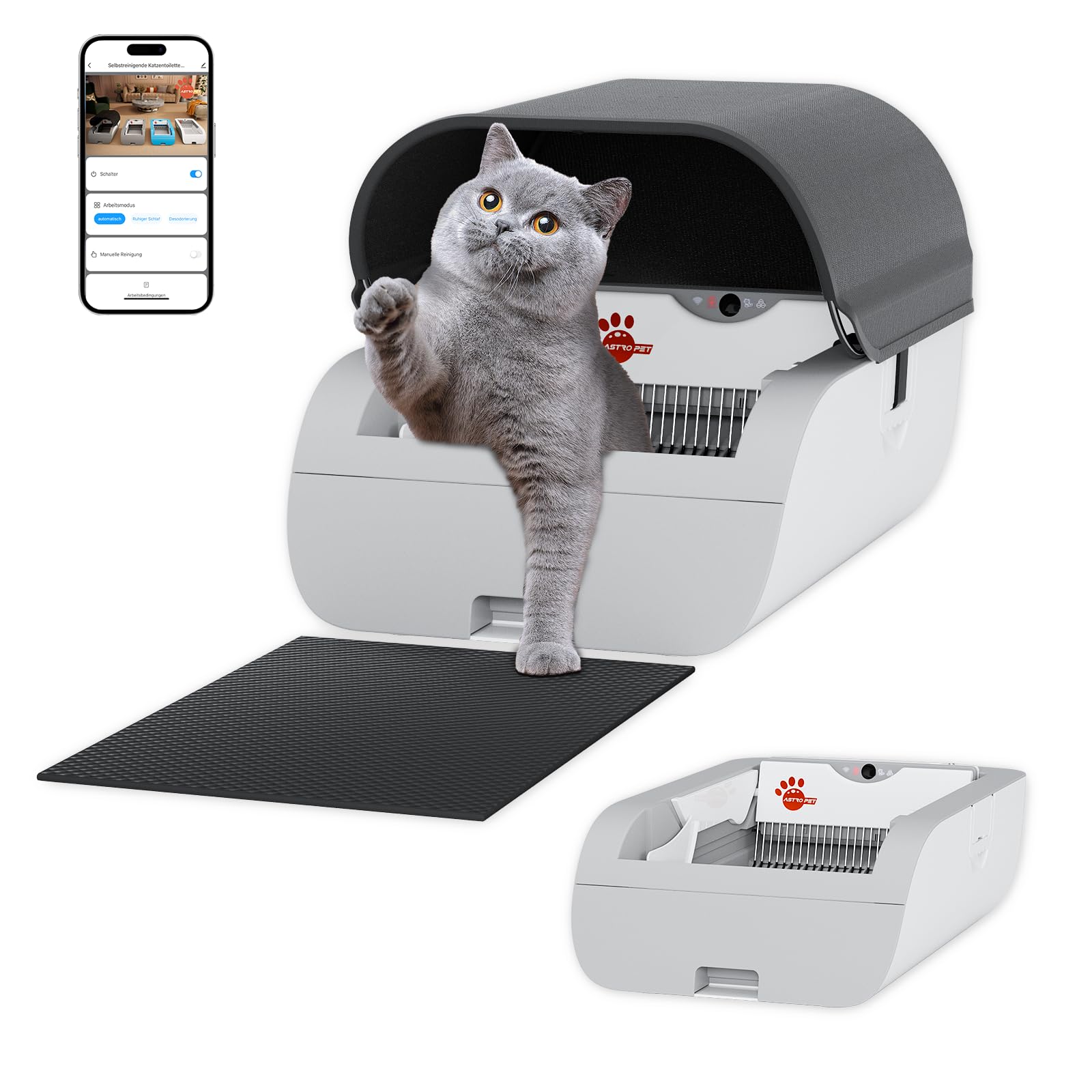 AstroPet offene selbstreinigende Katzentoilette, APP Steuerung,  Infrarot-Sensorschutz, Katzenklo mit groem Fassungsvermgen XXXL fr  mehrere Katzen (Grau) : Amazon.de: Haustier