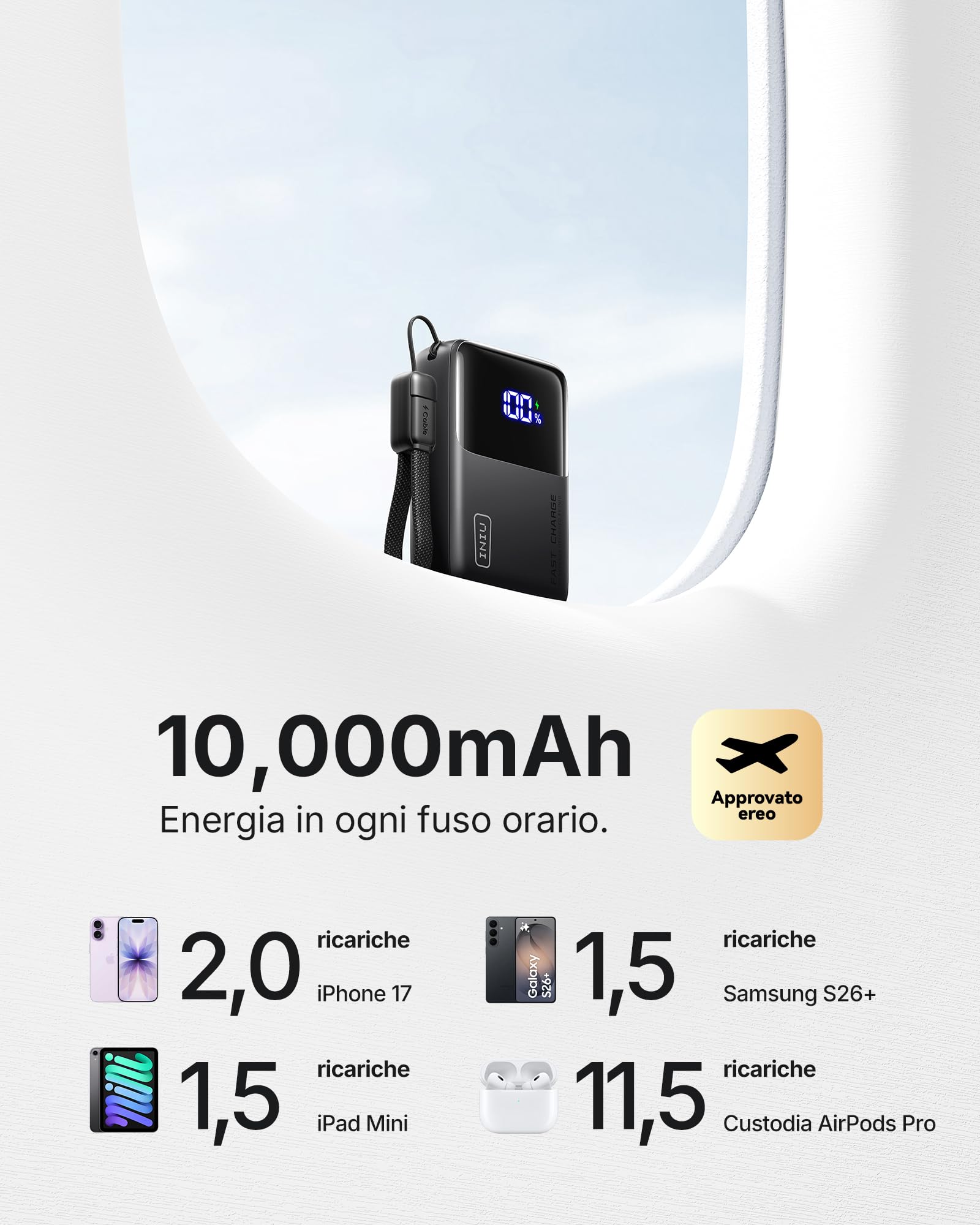 INIU Power Bank, Ultra Mini 45W Ricarica Rapida 10000mAh Powerbank con Cavo USB C Staccabile, Idoneo per Volo, Essenziali da Viaggio, Caricatore Portatile per iPhone 17 16, Samsung, Xiaomi, iPad ecc.