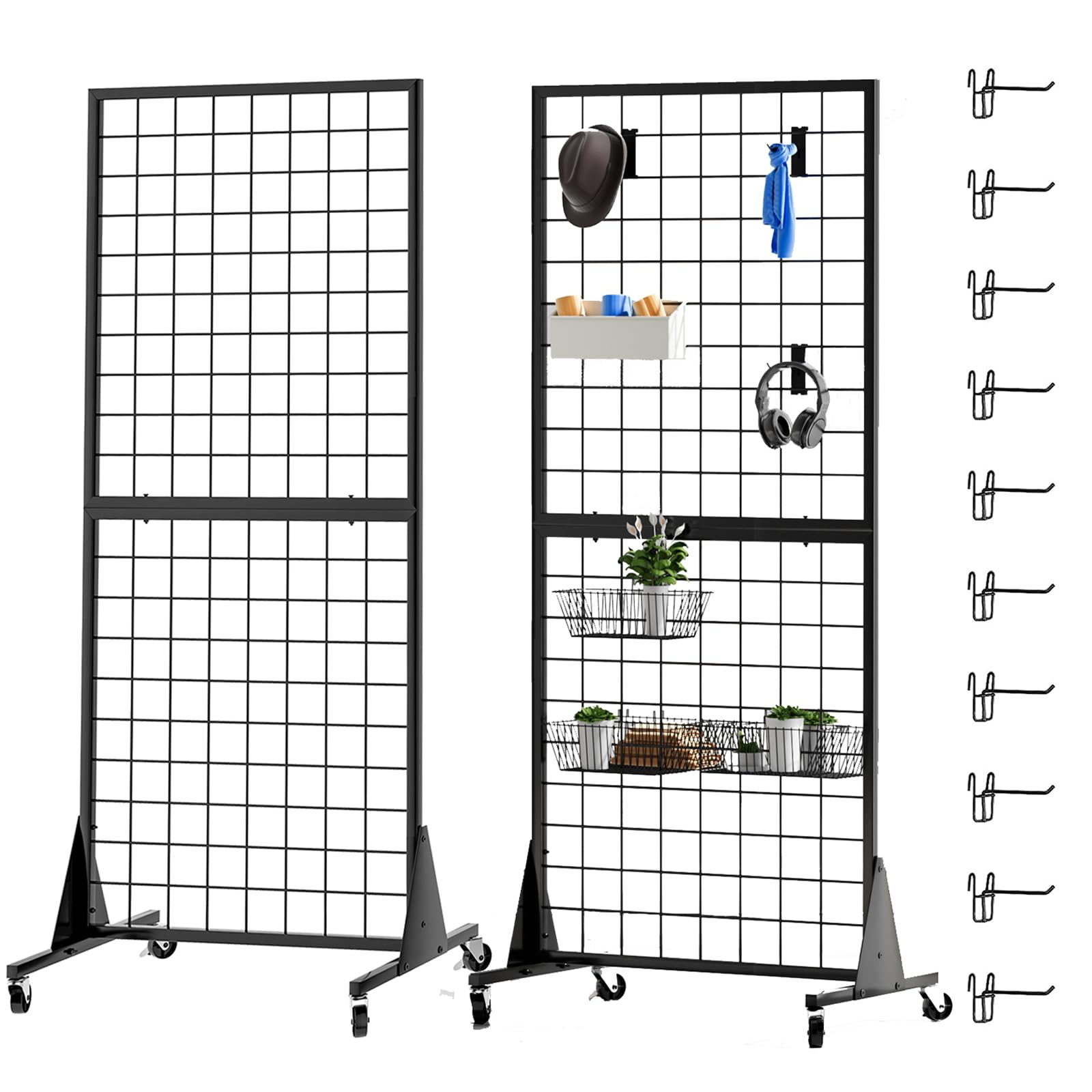 2-Pack Gridwall Panel Display Stand Heavy Duty Removable Floor Mounted Detachable Grid Display Stand 2' x 5.5' Ft Display with Additional Hook - for Retail Art Fair (Black Finish)