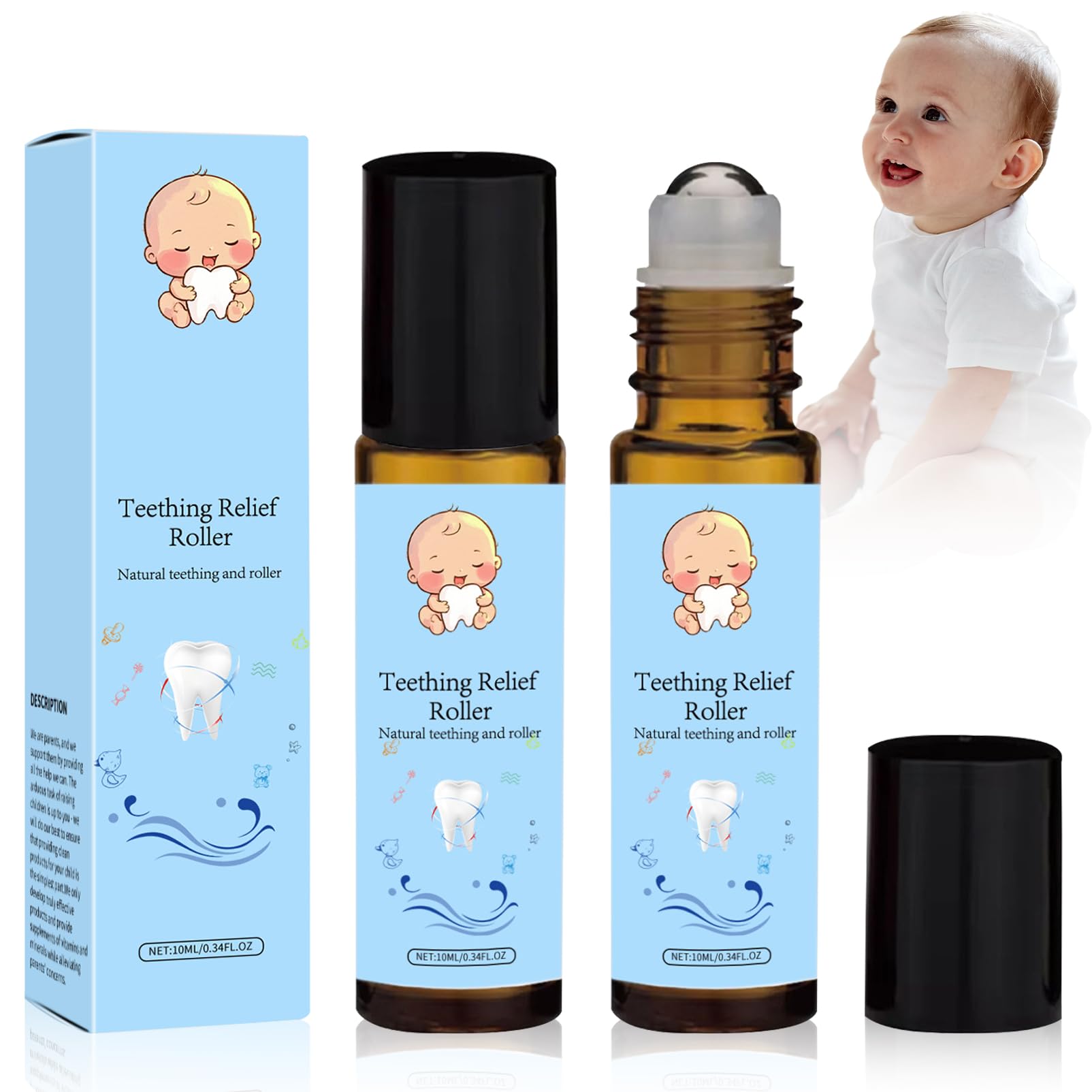 Teething Roller Baby,2 Stück Teething Oil Roller,Natürliche Zahnungsroller,10ml 2 Zahnungsöl für Babys,Linderung von Zahnungsschmerzen,für Babys und Kleinkinder (Blau)