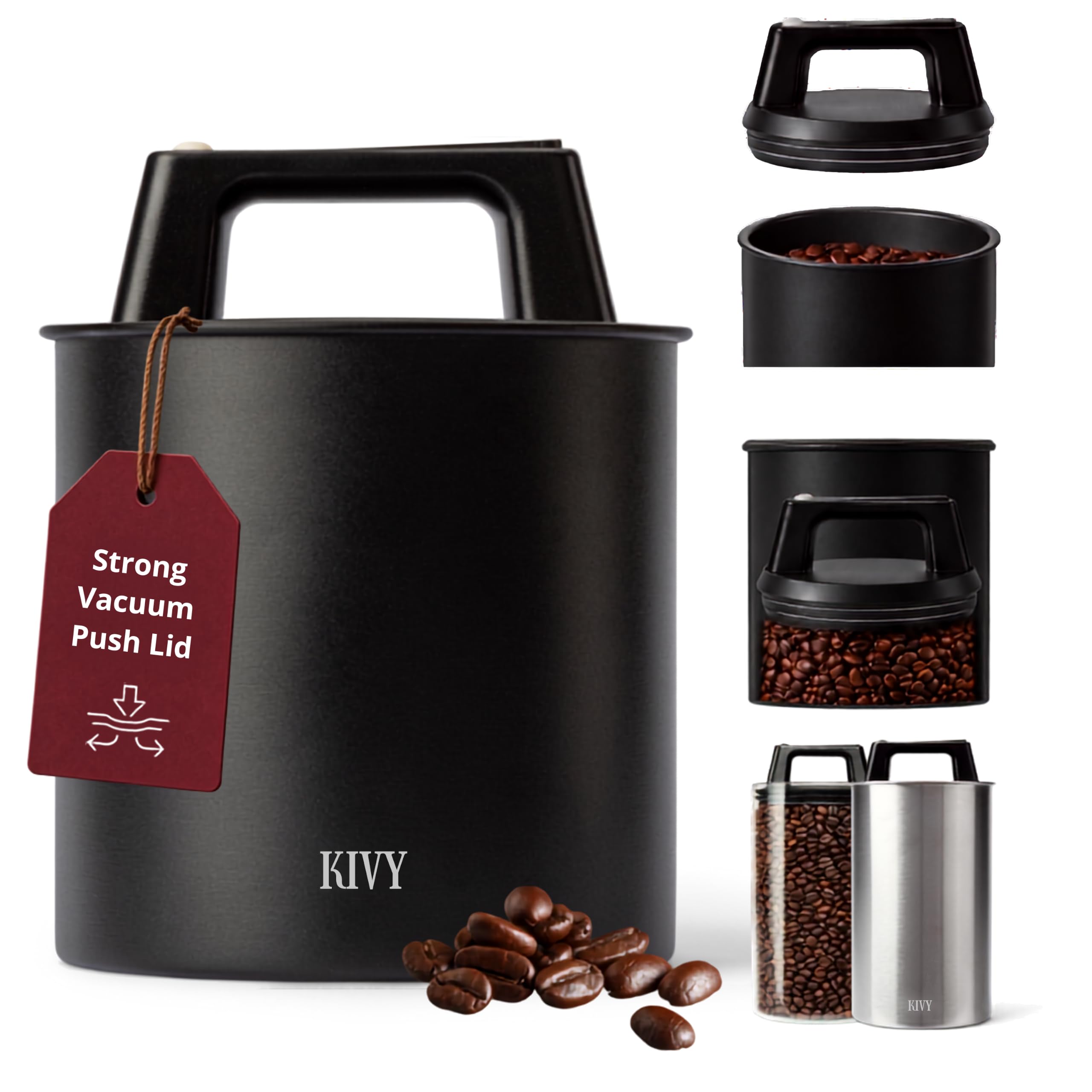 KIVY Vacuum Coffee Canister - Push Lid Preserves Coffee Aroma &amp; Oil