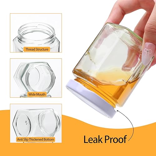 Miniatura 10 de Woaiwo-q Tarros de miel hexagonales de cristal de 6 onzas, paquete de 25 tarros de vidrio con tapas negras, palos de miel de madera, colgantes de