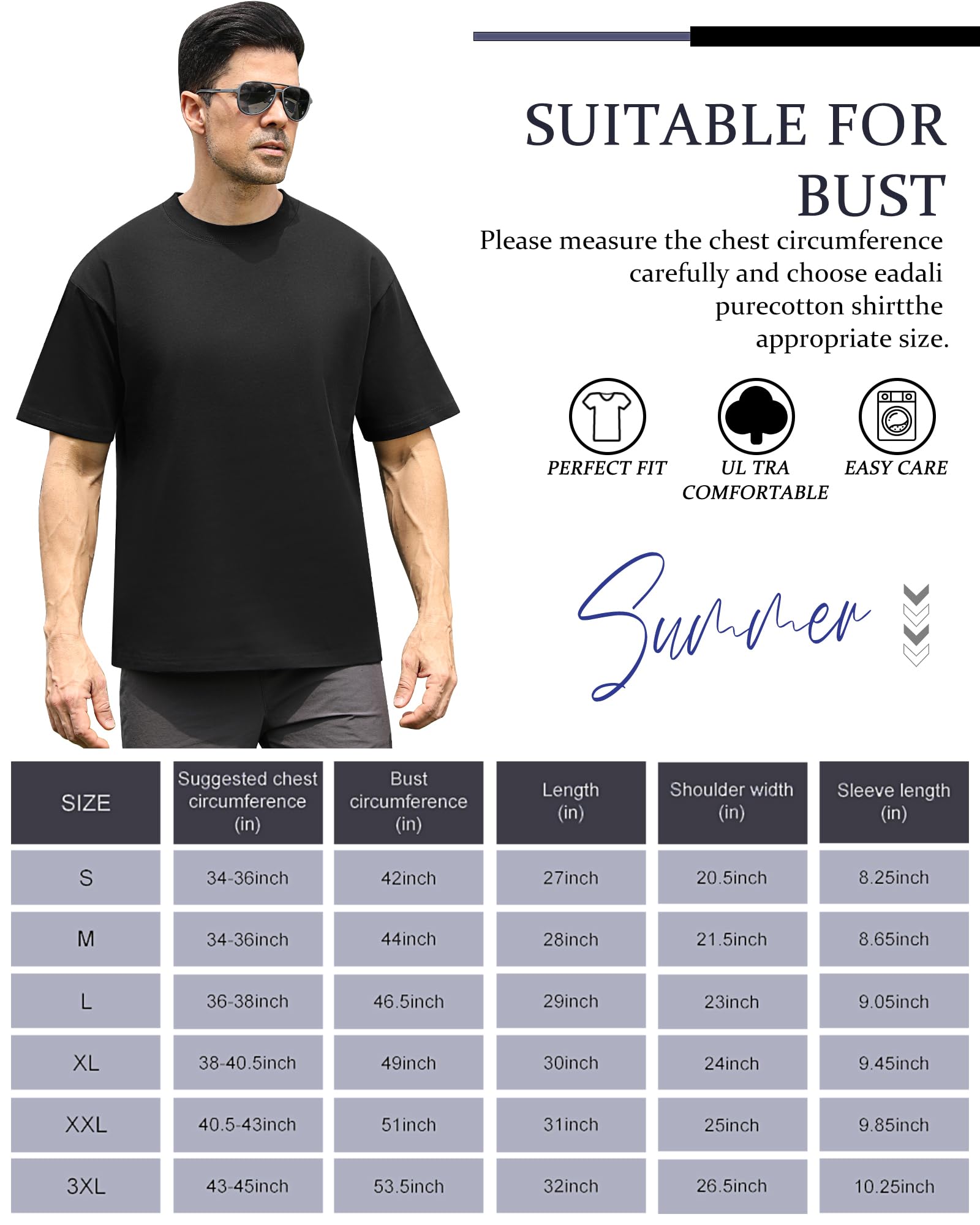 Eadali Lot de 3 t-shirts surdimensionnés pour homme et femme - Épaules tombantes - En coton épais - 280 g - Coupe ample - Manches courtes