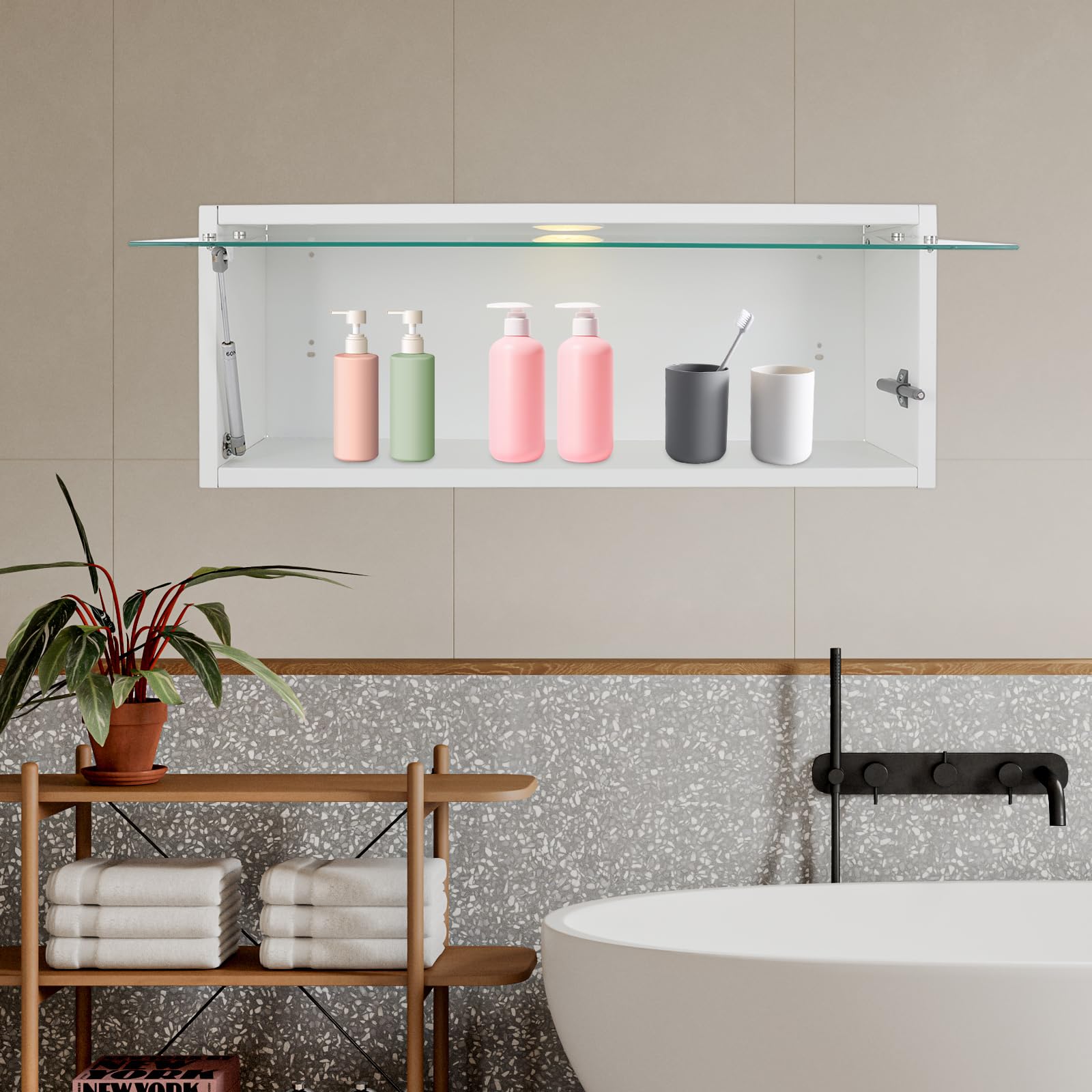 Wandschrank Aufbewahrungsschrank mit LED Licht Wandregal Hängeschrank mit Temperglas Tür Küchenschrank mit USB Ladefunktion für Küche Wohnzimmer Schlafzimmer Wandmontage Stauraum (Weiß, 80*18*30cm)