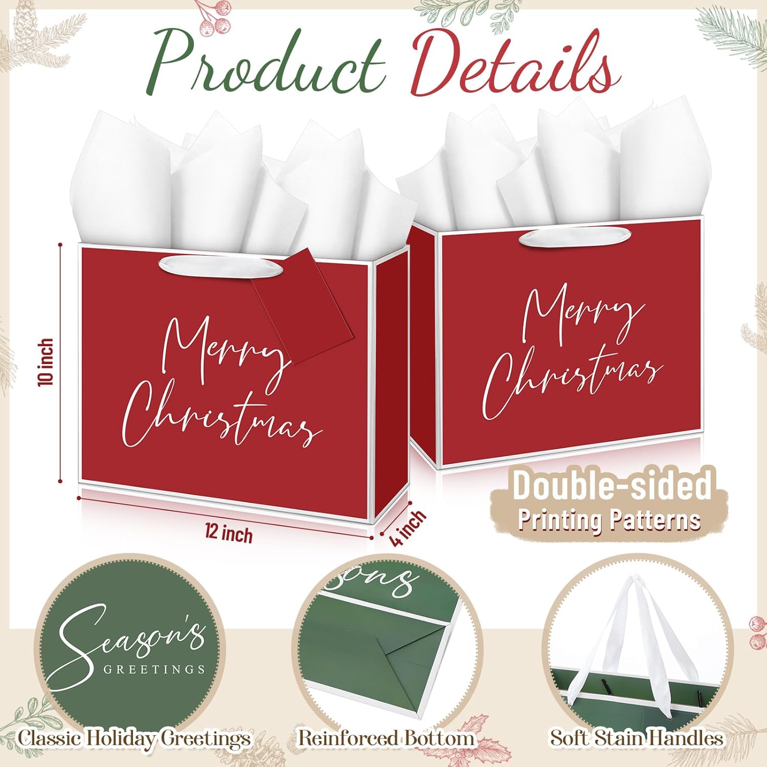 Aliceset 12 Pack Rustic Christmas Gift Bags with Tissue Paper and Tags Simple Assorted Red Green White Merry Christmas Gift Bags Presents Wrapping for Holiday New Year, 11.8 x 10 x 4