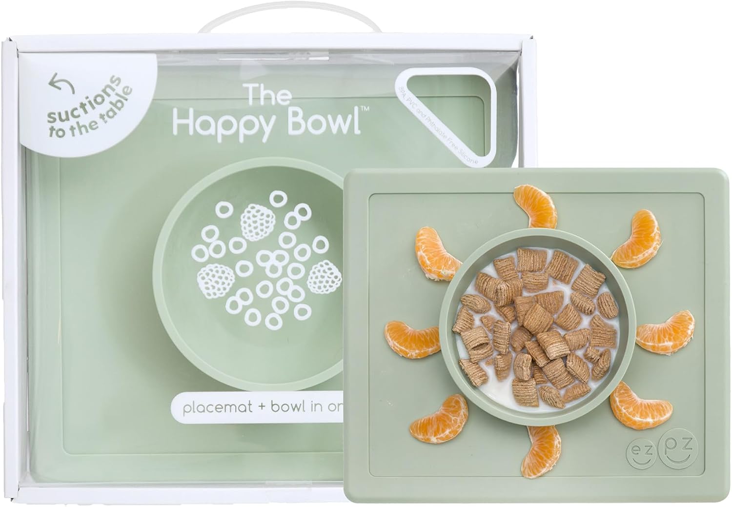 ezpz Happy Bowl - 24 Months + (Sage) - 100% Silicone Suction Bowl with Built-in Placemat – Dishwasher Safe